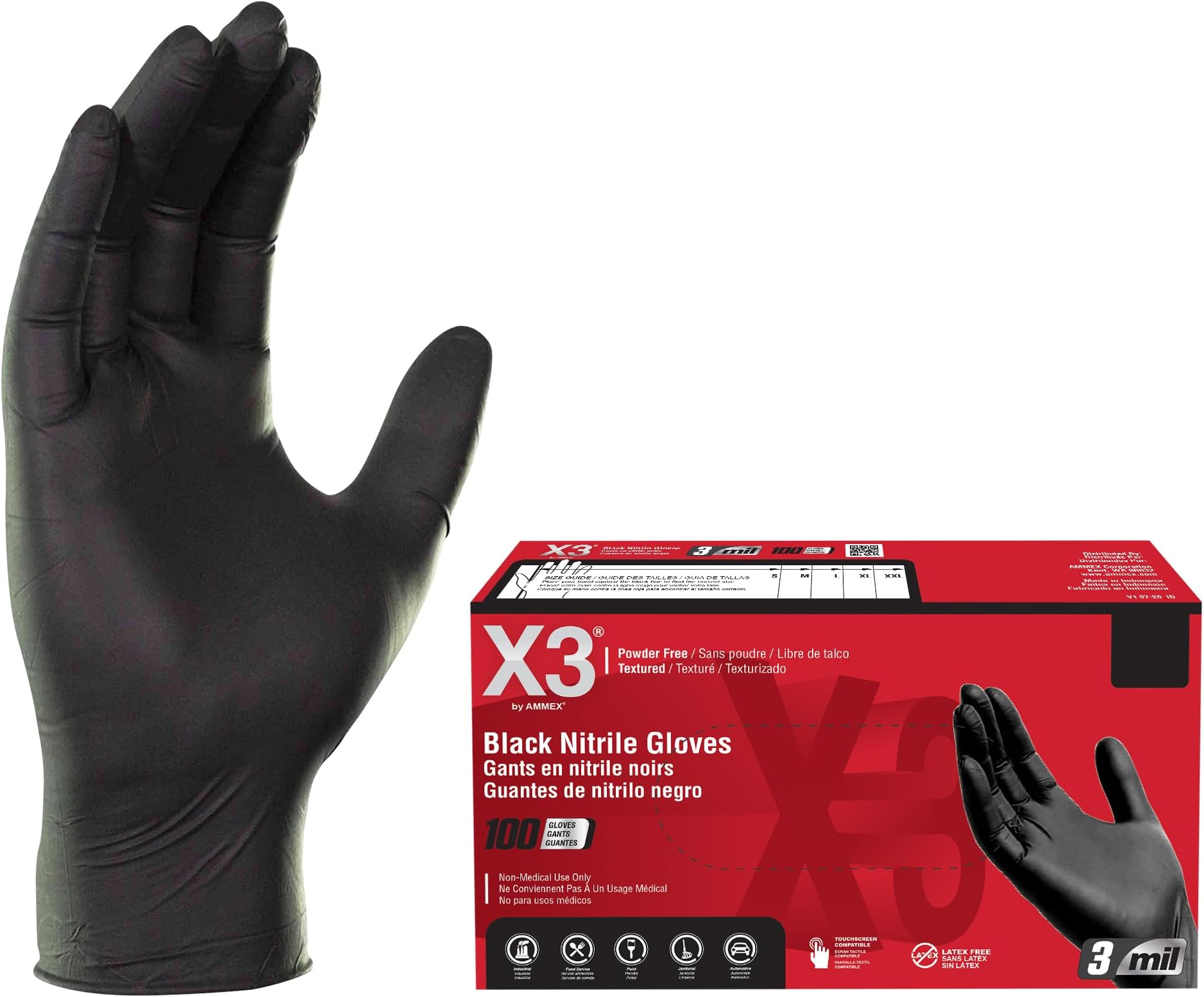 X3 AMMEX - BX348100-BX - Nitrile Gloves - Disposable, Powder Free, Latex Free, 3 mil, Food Safe, XLarge, Black (Box of 100)