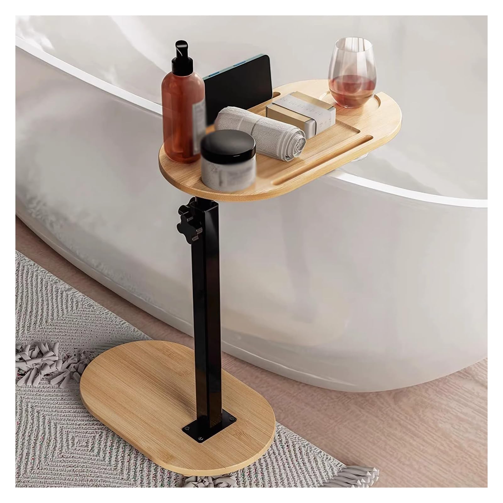 Bandeja de bambú ajustable para bañera con soporte para copas de vino y soporte para teléfono, diseño giratorio, perfecta para el hogar, sofá, cama y baño relajante.