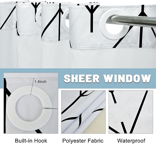 Miniatura 4 de Juego de cortina de ducha geométrica a rayas sin gancho con forro de tela a presión, juego de cortina de ducha de hotel y forro con ventana superior