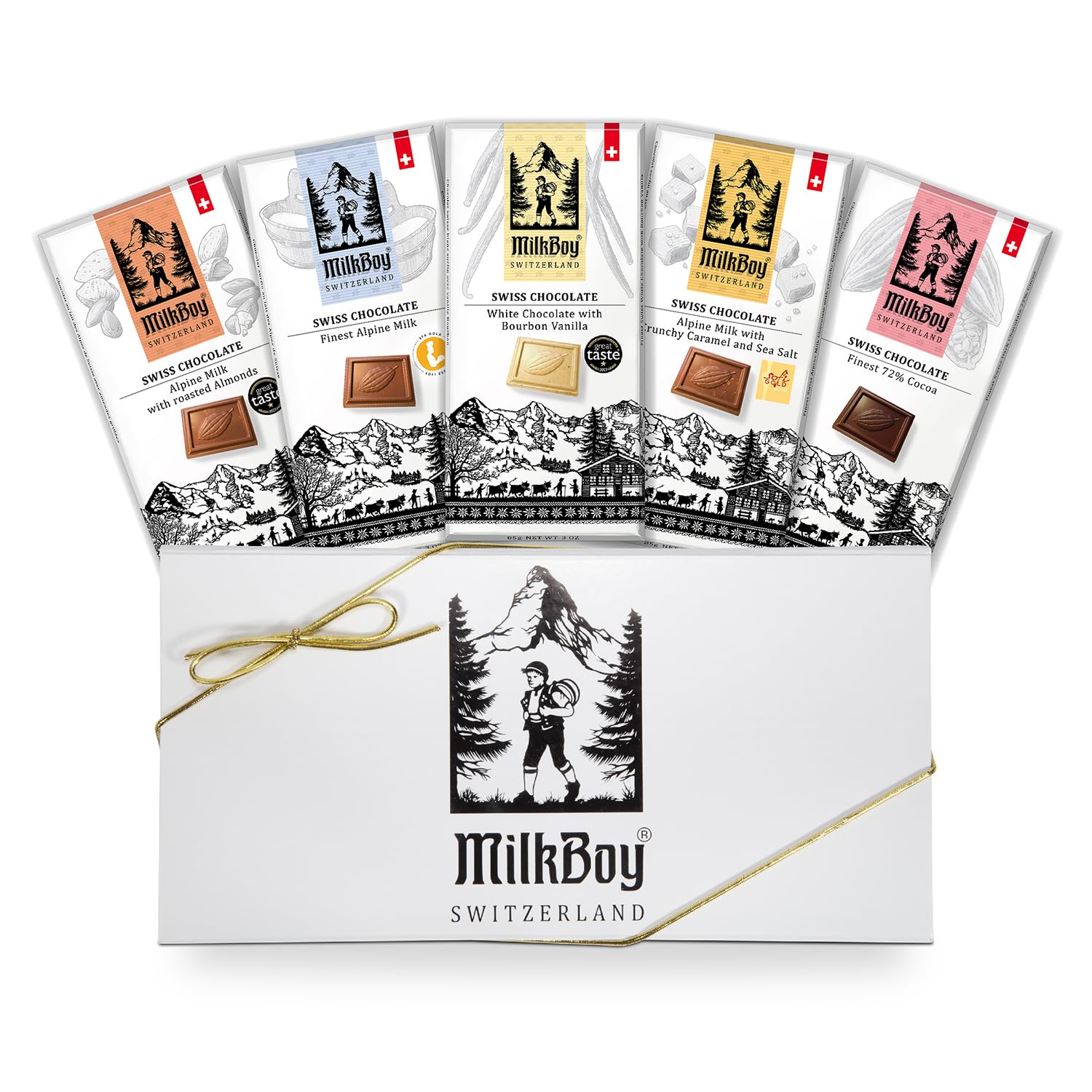 Milkboy Swiss Chocolates Gourmet Chocolate Bars - Handmade Milk and White Chocolates Bar - Premium Quality, Kosher, GMO-Free - 5 Pack Mixed Variety Gift Box