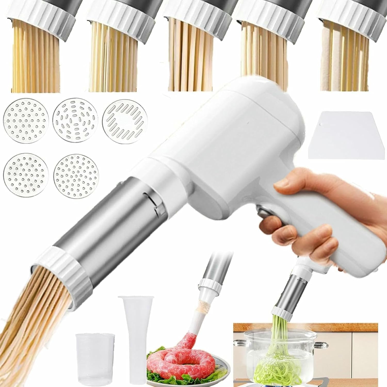 Electric Idiyappam Maker, 2025 New Handheld Electric Pasta Maker, 5-In-1 Cordless Pasta Machine, Multi-Function Noodle Pressing Machine, Automatic Household Noodle Pressing Machine, 5 Molds (Beige)