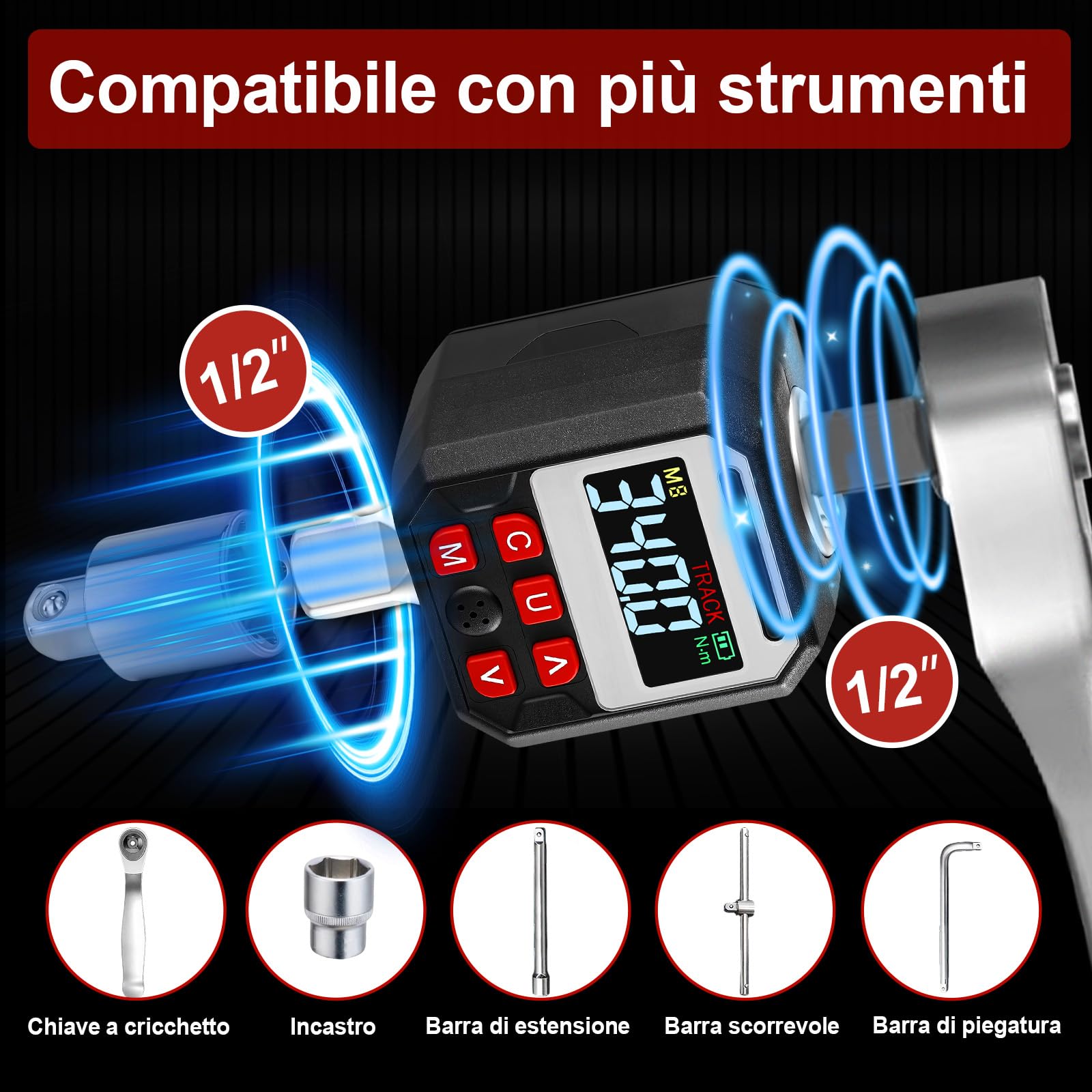 Adattatore Chiave Dinamometrica Digitale, 1/2" Chiave a Coppia Momento con Precisione ±2%, Display LED e Suoneria, Inclusi Adattatori 3/8" e 1/4", per Bici, Moto e Auto (17-340Nm)