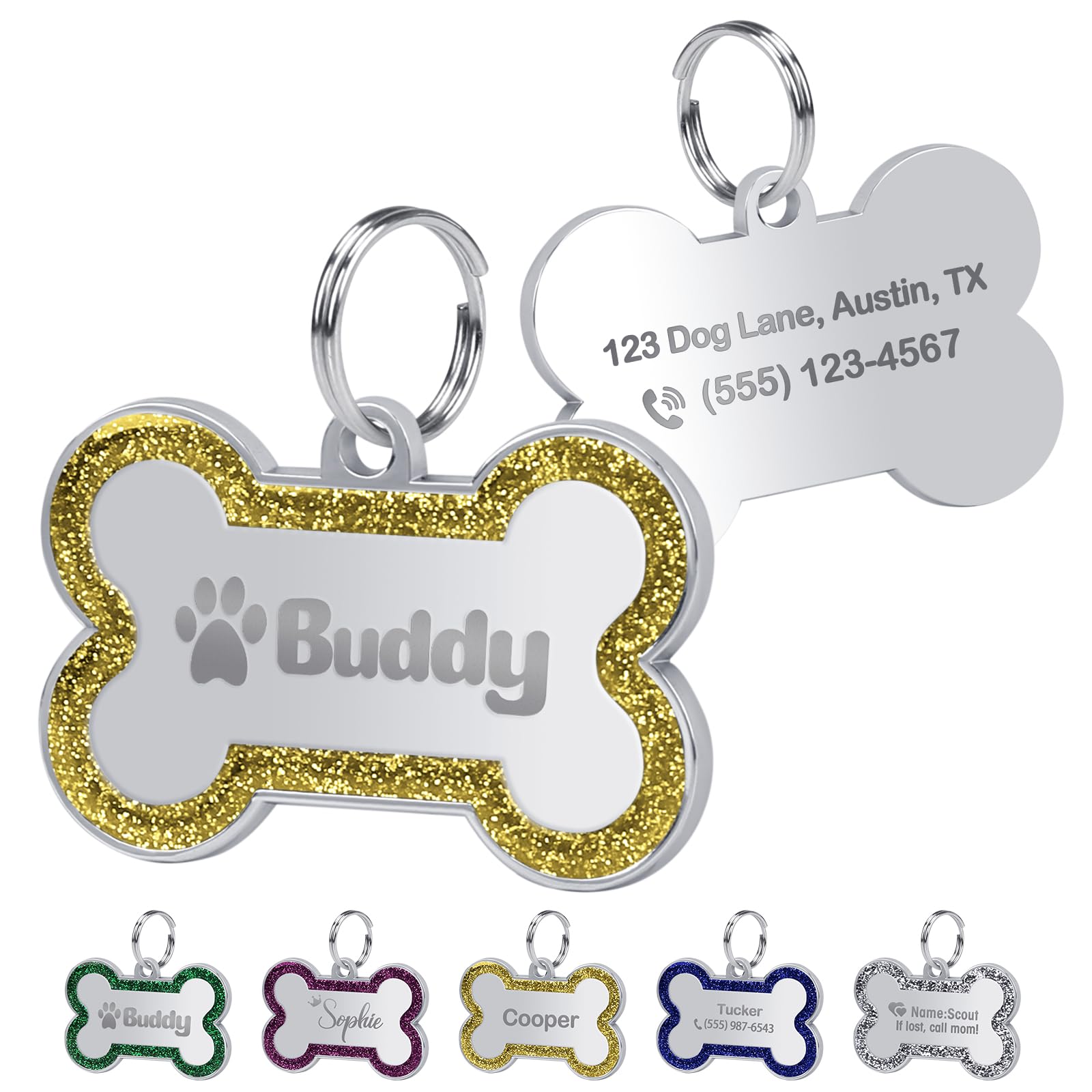 Dog Tags Personalized for Pets Engraved on Both Sides, Custom Dog & Cat Name Tags in Bone Stainless Steel Pet ID Tags, Gold