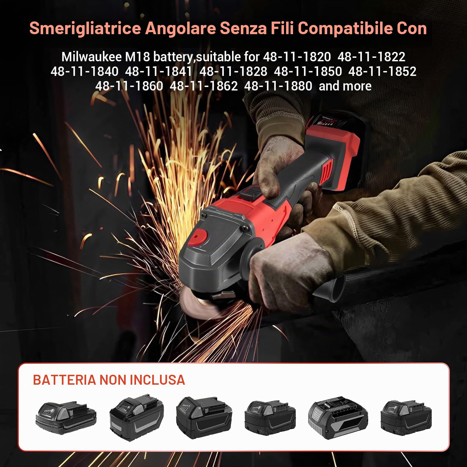 Smerigliatrice Angolare a Batteria Compatibile con Milwaukee 18V | 12000 giri/min, smerigliatrice angolare a batteria, diametro disco 125 mm, profondità di taglio 22 mm