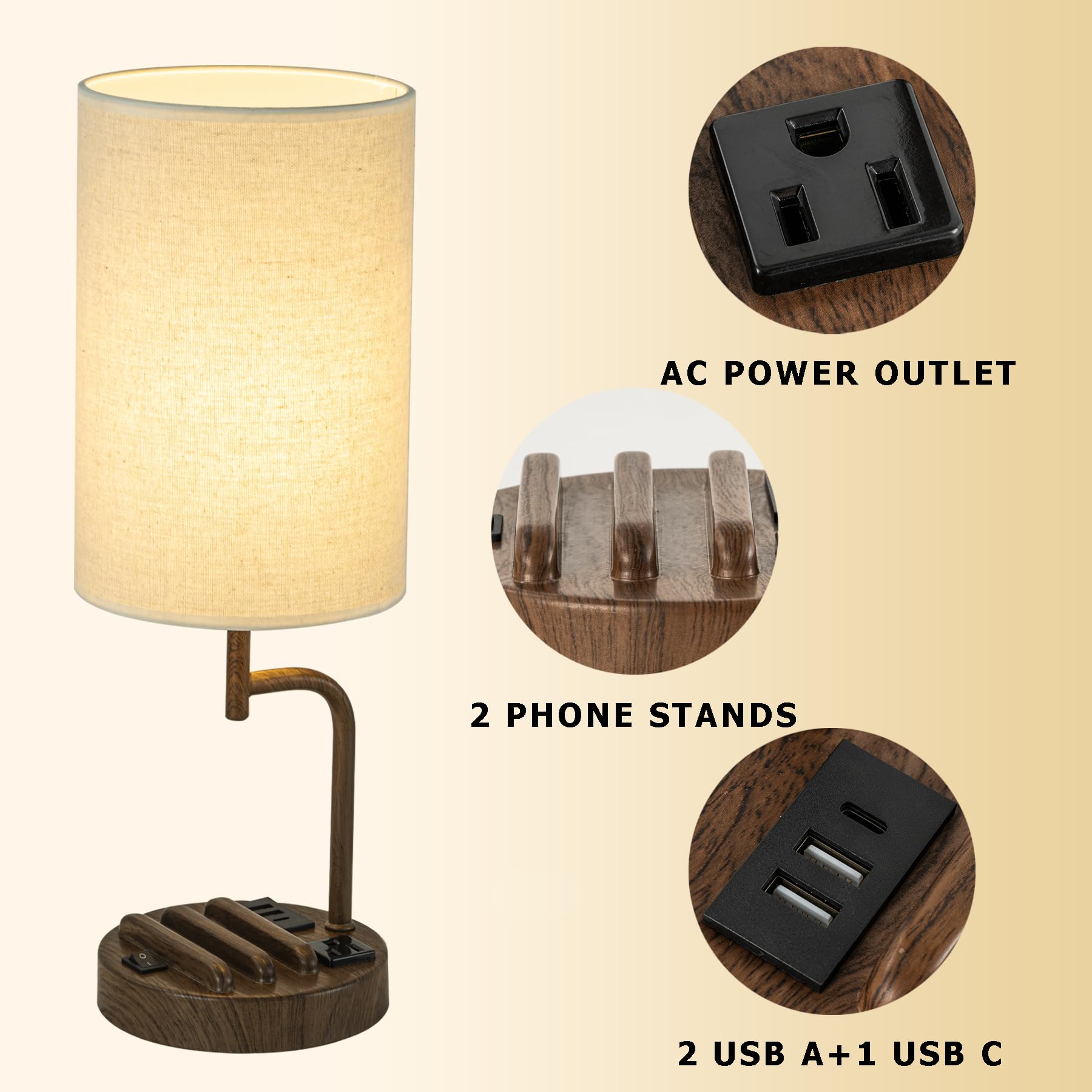Dreamholder Lámpara de mesa con 3 puertos de carga USB, moderna lámpara de escritorio con salida de CA y soportes para teléfono, lámpara de noche perfecta para dormitorio, sala de estar, oficina