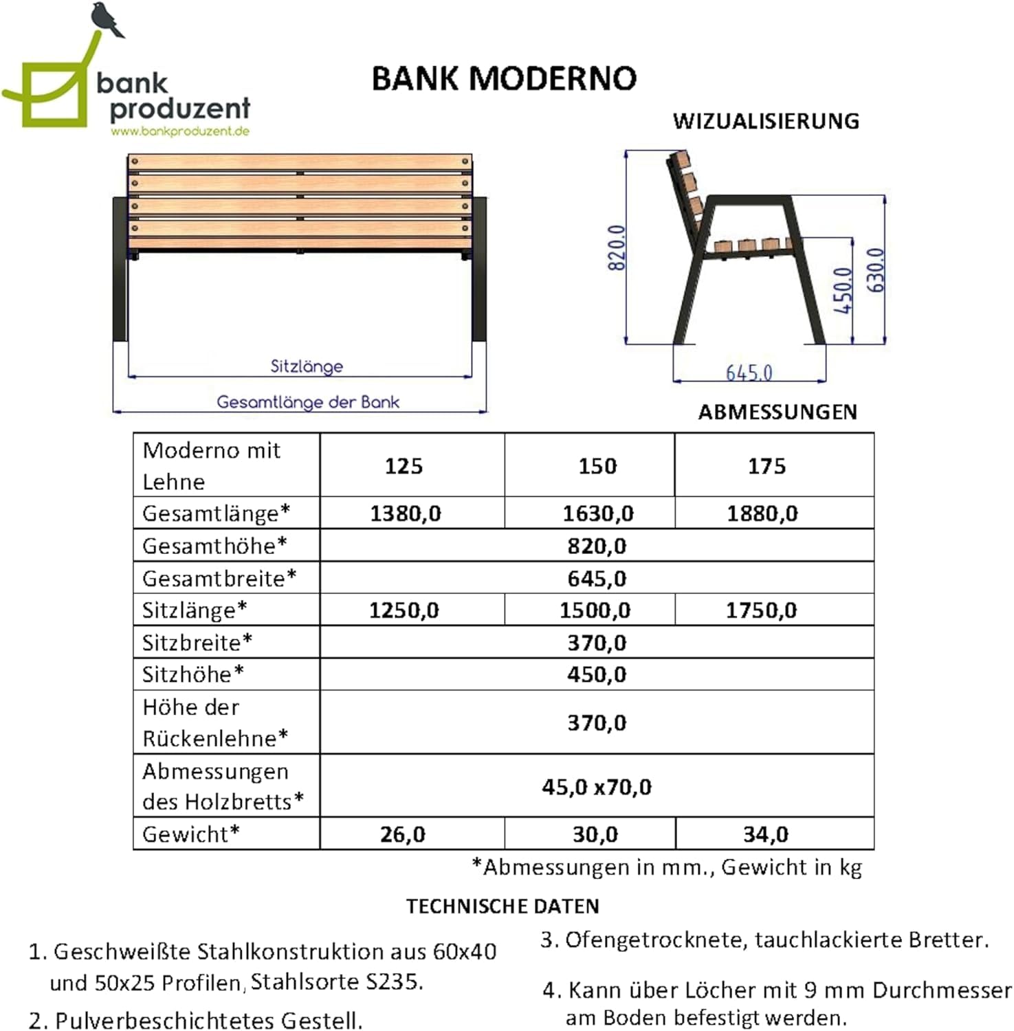 Gartenbank Holz mit Rückenlehne, 125 cm - Tik | Massives Fichtenholz & pulverbeschichteter Stahl, bis 500 kg, wetterfest, Sitzbank für Garten, Terrasse & Park, Moderno