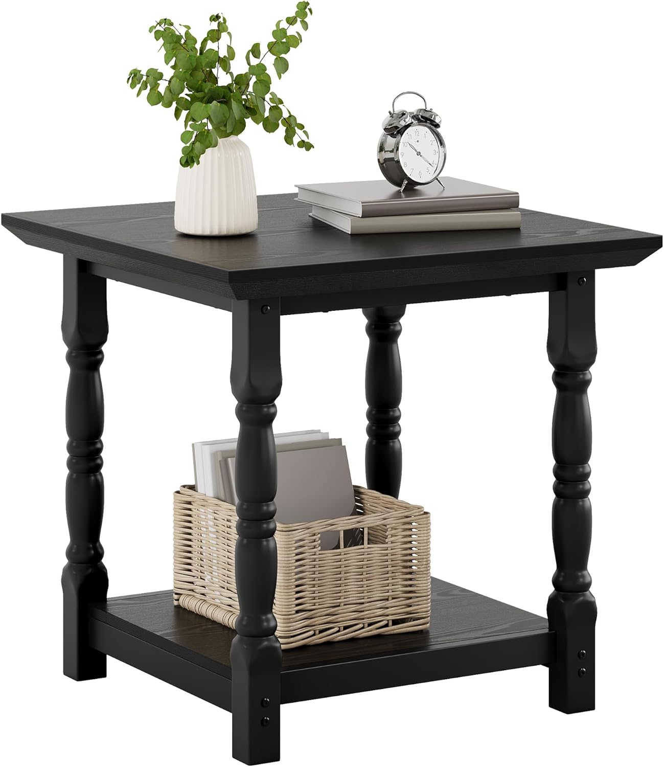 YITAHOME Farmhouse Square End Table, Antique Accent Table with Floor Shelf, Side Table w/Dual-Tier Storage and Heavy-Duty Frame for Living Room Bedroom & Couch, Black