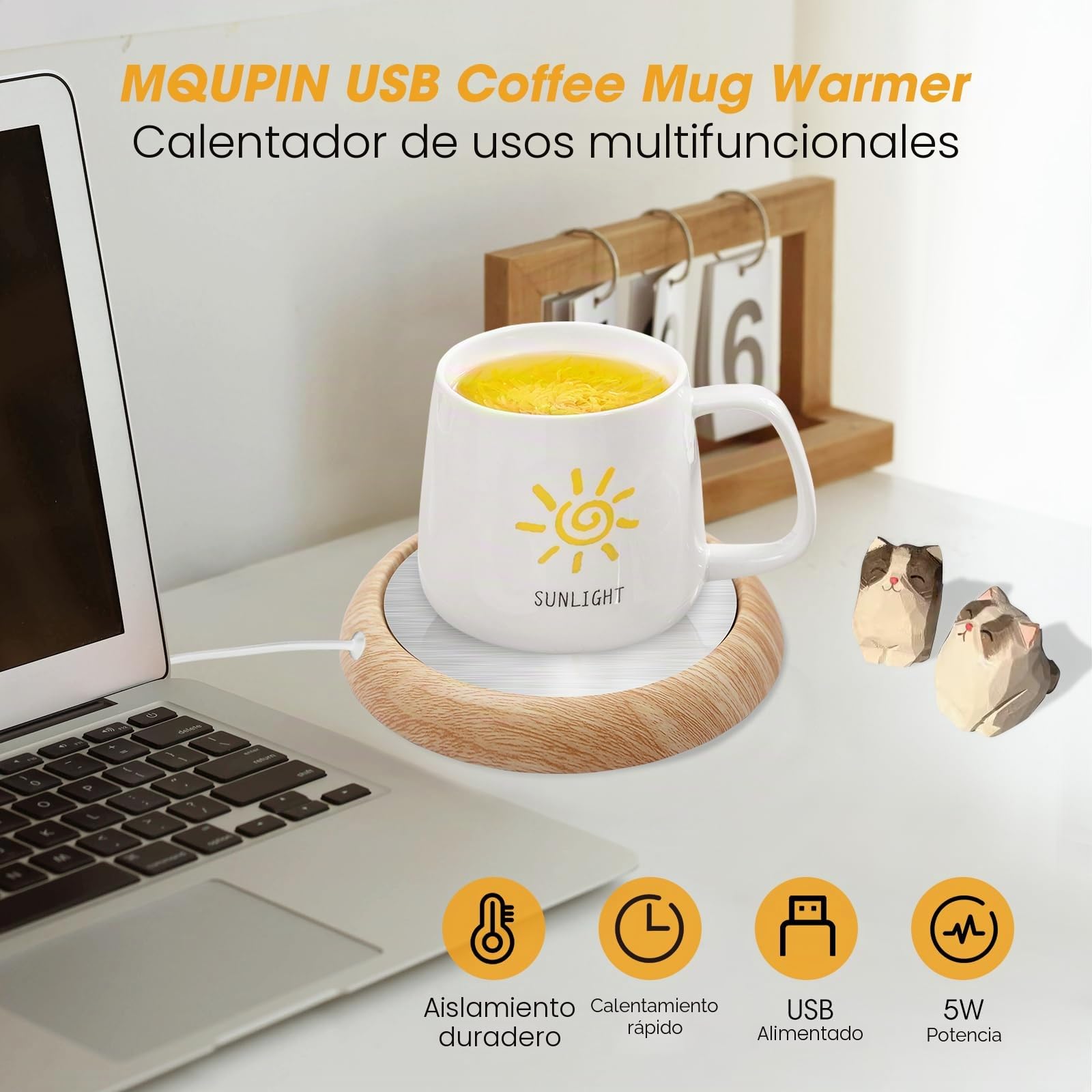 UniM - Calentador de taza por USB, para bebidas, café, tetera y uso doméstico (grano de madera oscura) amarillo