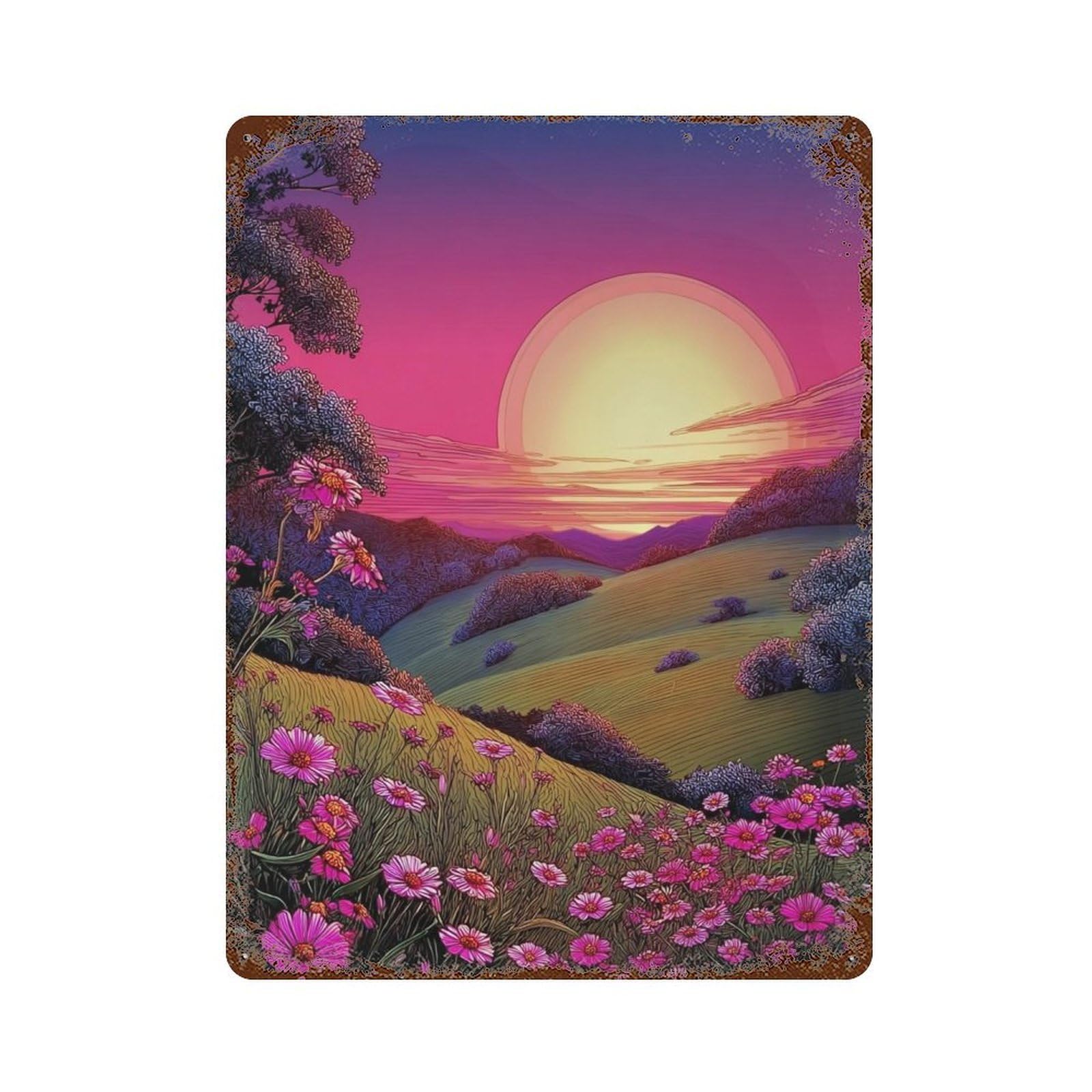 Rust Effect Sunset Hill with Flowers Rusty Metal Tin Sign 15.7"x11.8", Old School Wall Decor for Garage, Bar And Workshop Decor