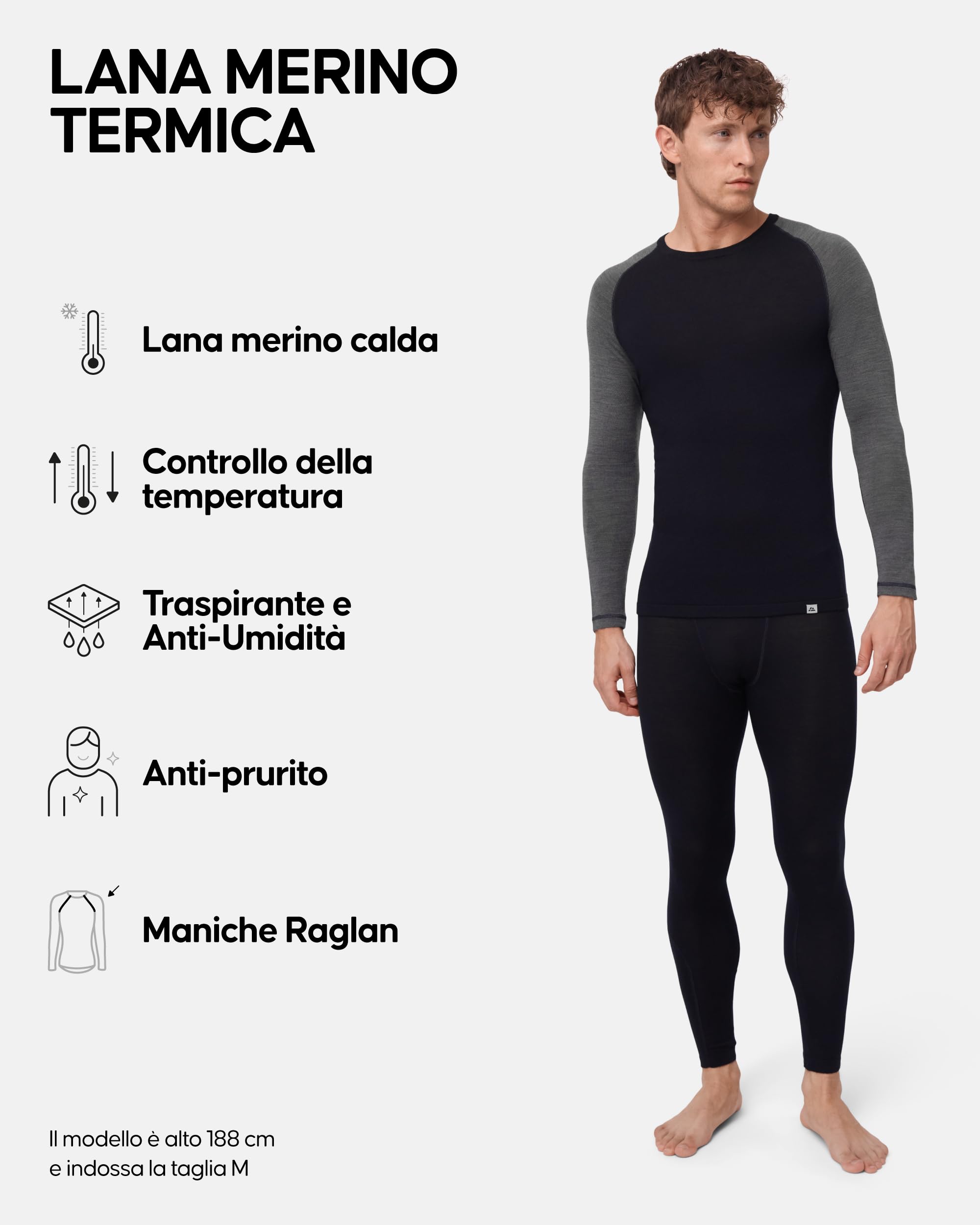 DANISH ENDURANCE Intimo Termico Uomo Lana Merino, Maglia Termica Uomo e Pantaloni Termici, Calzamaglia Termica Uomo Invernale per Sci, Trekking