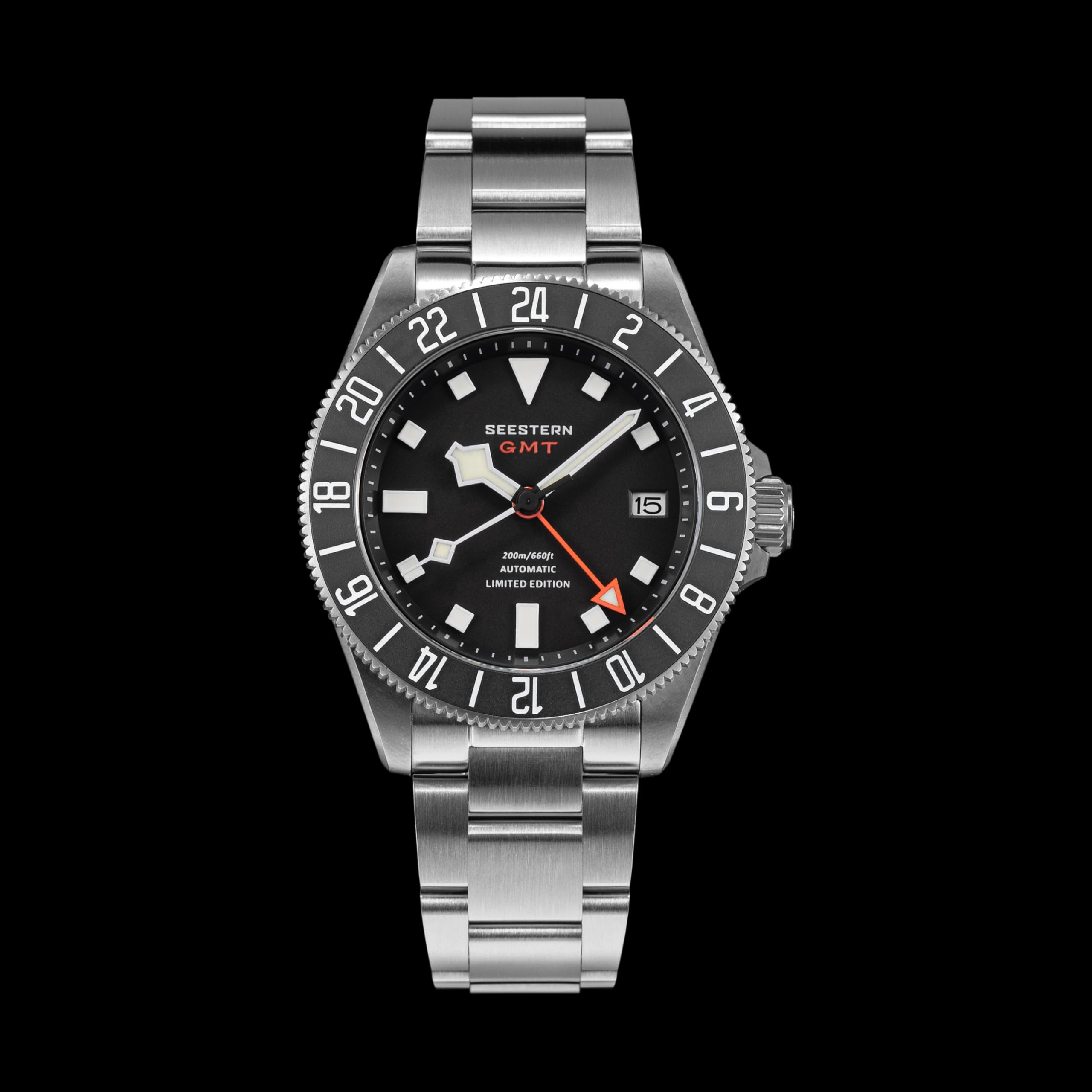 Titanium GMT S462.K, wasserdichte Sportuhr, automatisch, mechanische Herren-Taucheruhr, 200 m, Schwarz, Sport