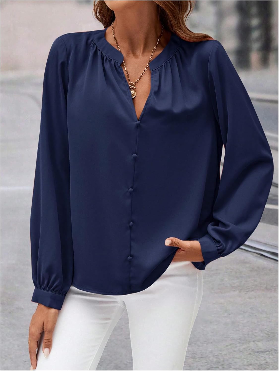 Women's Long Sleeve Dressy Casual Blouses Elegant Button Front Notch Neck Shirts Business Casual Tops - Image 3