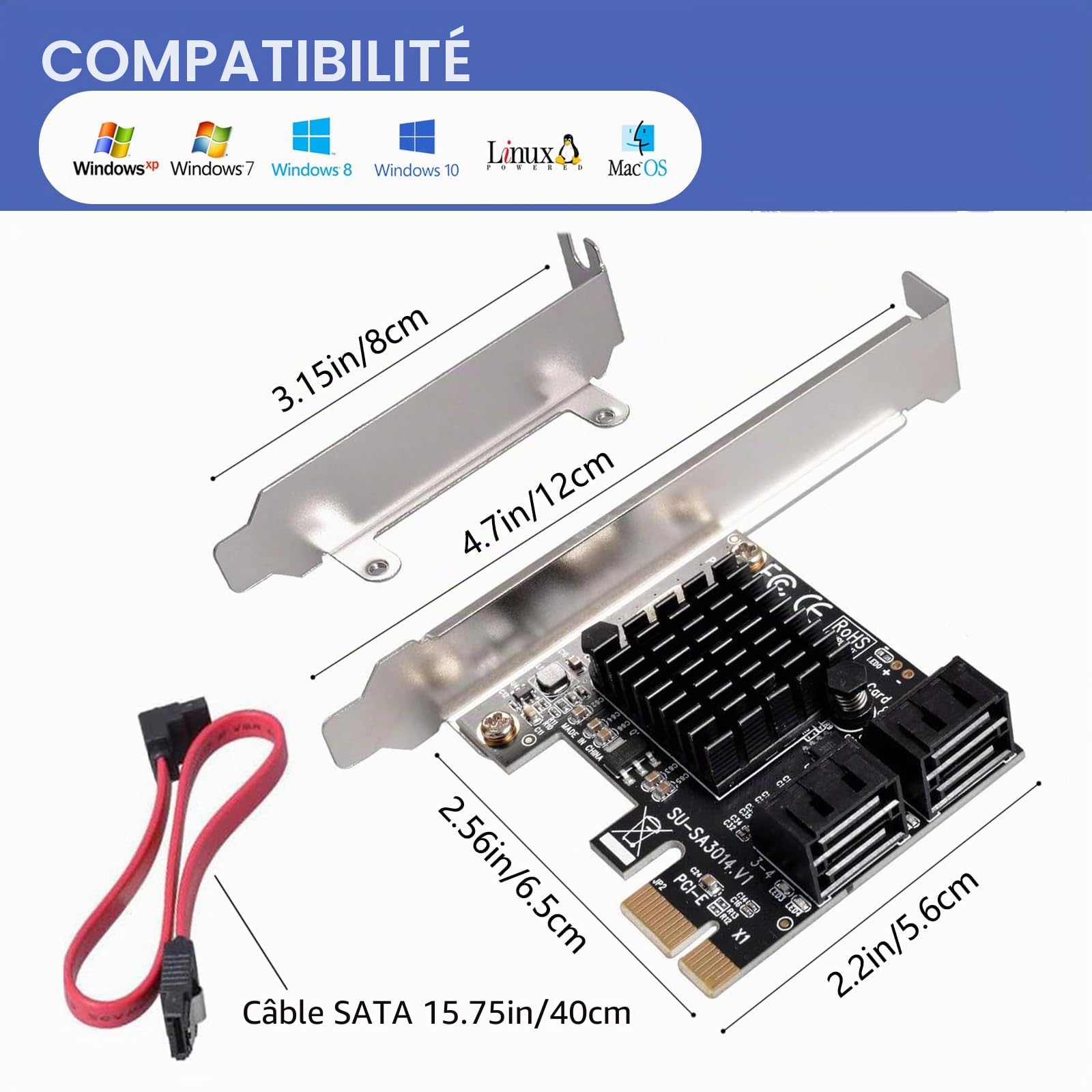 Carte PCIE 1 x SATA 4 Ports, avec 4 câbles SATA et Support à Profil Bas, contrôleur PCIE vers SATA 3.0 6 Gbit/s, Carte d'extension PCIE vers SATA, Carte PCIE contrôleur SATA