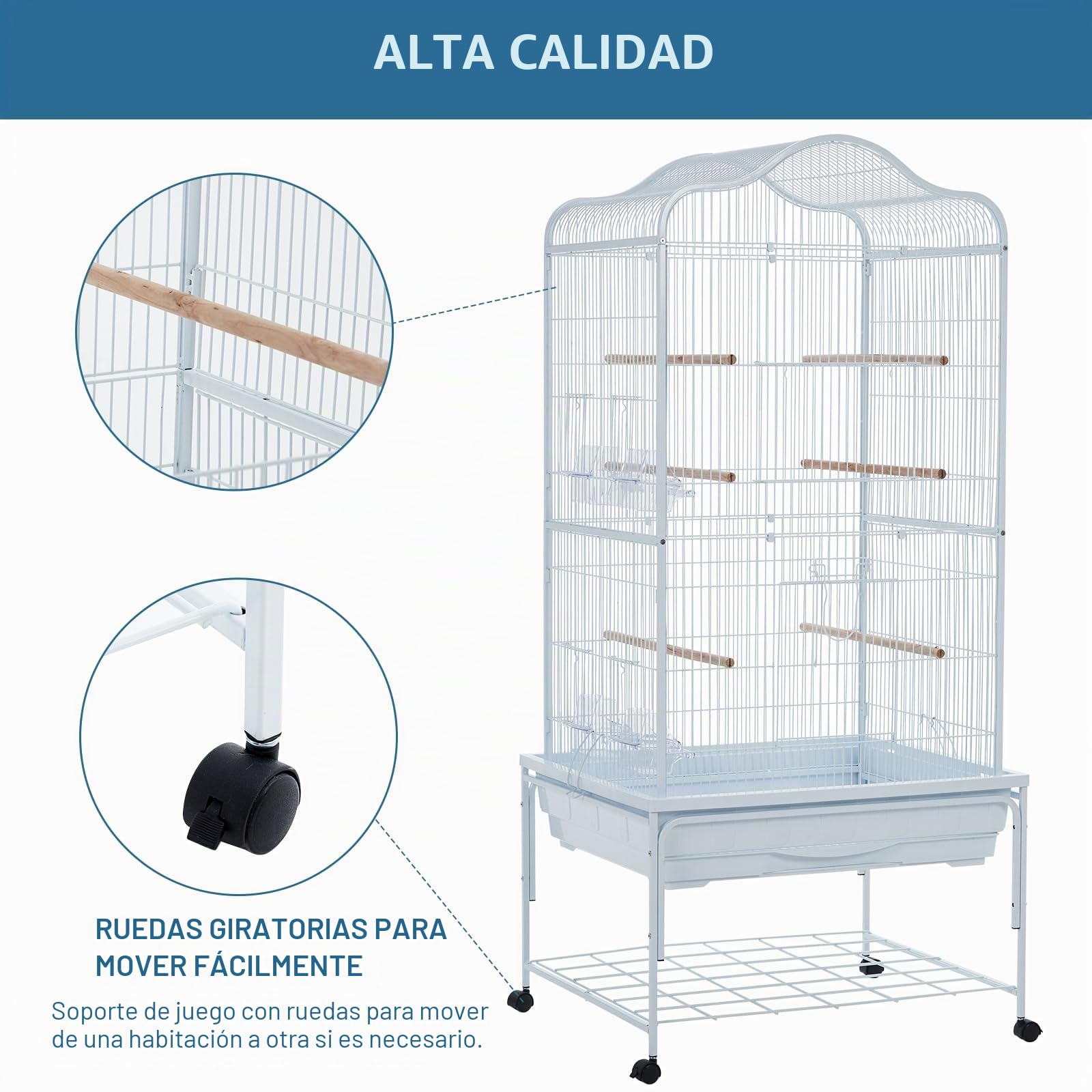 GarveeHome Jaula Extensa para Pájaros De Hierro Forjado con Ruedas 360° – Grande para Loros, Periquitos y Cotorras – Interior y Exterior con Bandeja Extraíble, Blanco