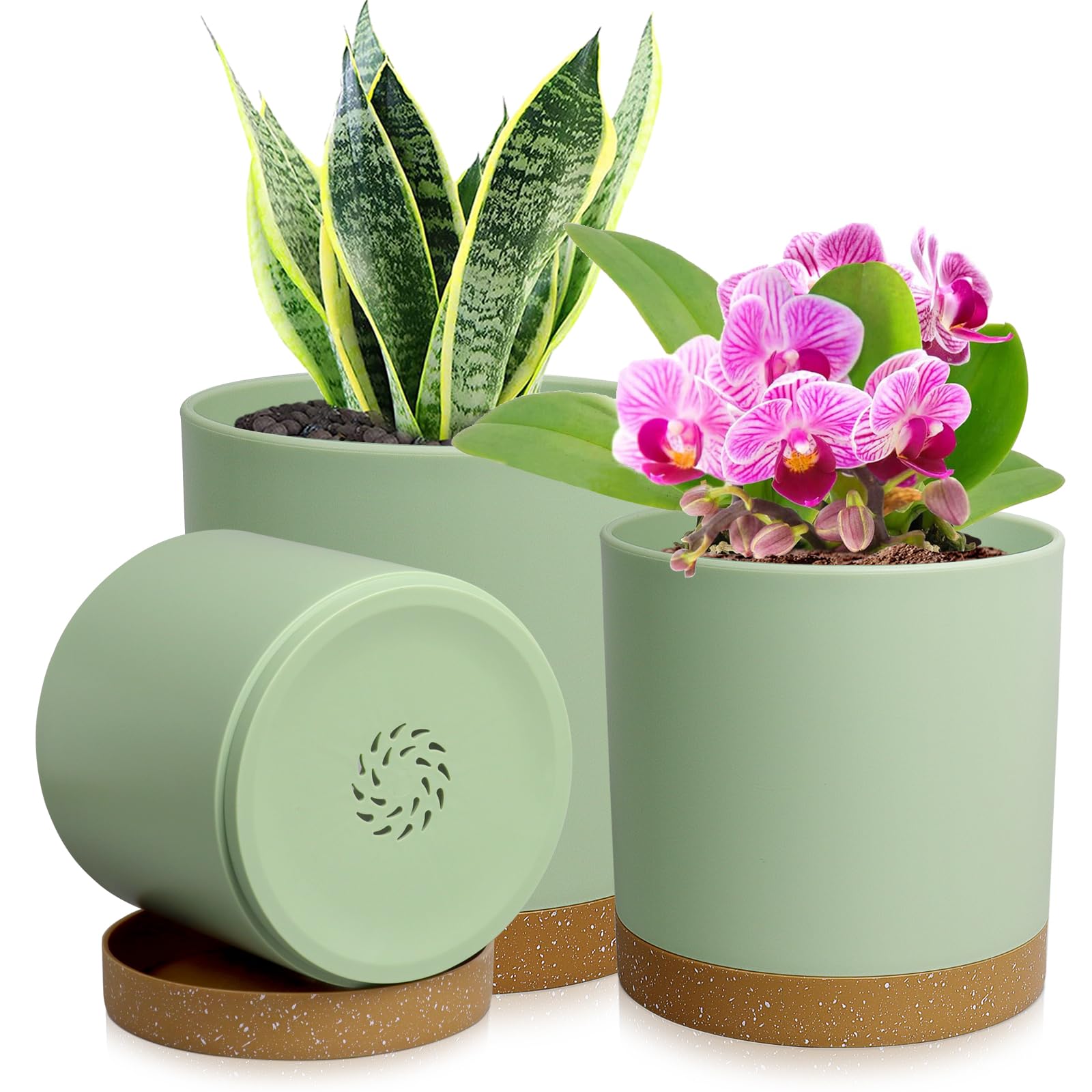 WSMKSZ 3 Pack 6/5/4 inch Cylindrical Flower Pots, Modern Small Round Plastic Plant Pots with Drainage Holes & Saucers, Clean and Refined Planter Pots for Outdoor, Indoor & Office Decor (Green Brown)