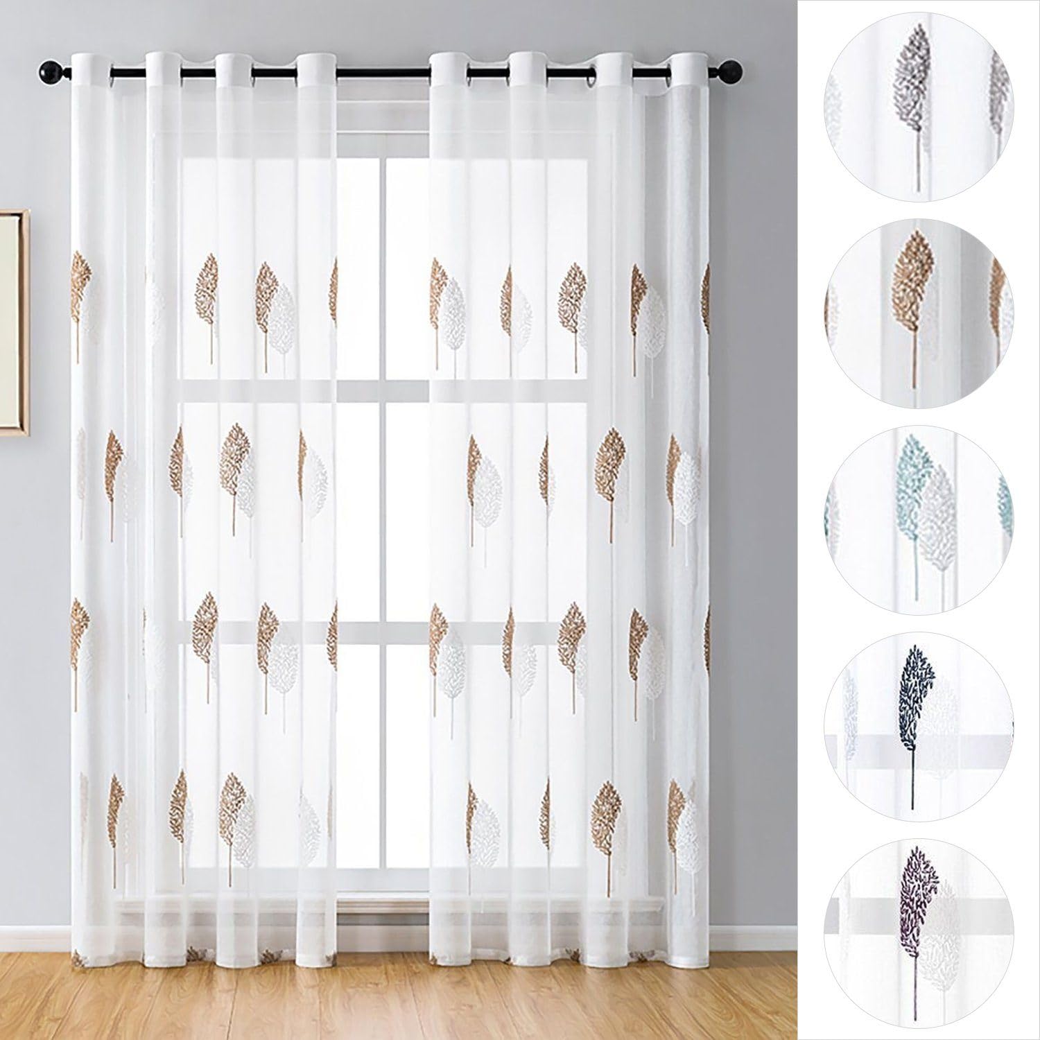 BYSURE Set of 2 curtain leaves embroidery with eyelets, voile, flower curtains, 132 x 245 cm, coffee
