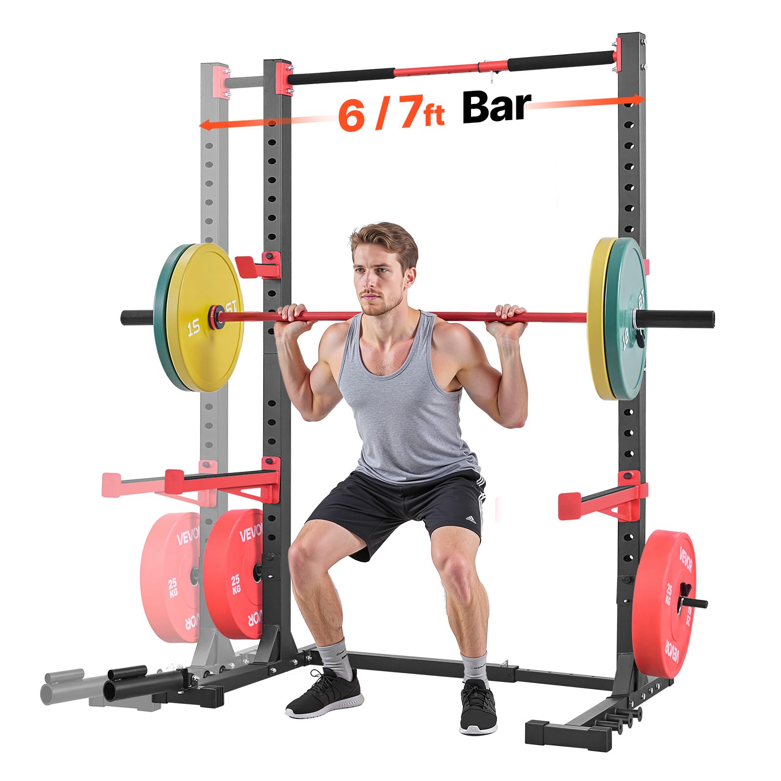 VEVOR Cage de Musculation Multifonctionnelle, Rack à Squats à Largeur Réglable, Station de Musculation pour Squat Développé Couché Traction Gym, avec Fixation pour Landmine et Barres de Sécurité