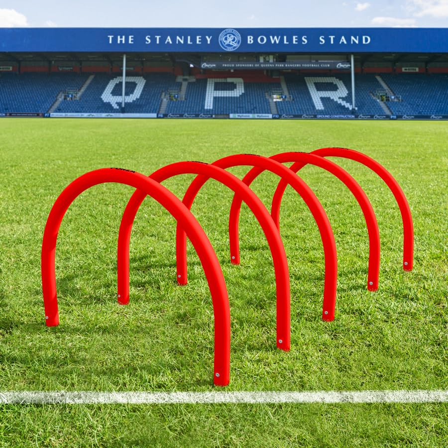 FORZA Football Training Passing Arcs | Set of 5 or 10 High-Tensile Plastic Arcs with Ground Spikes Passing, Dribbling & Agility Training Equipment (5, Red)