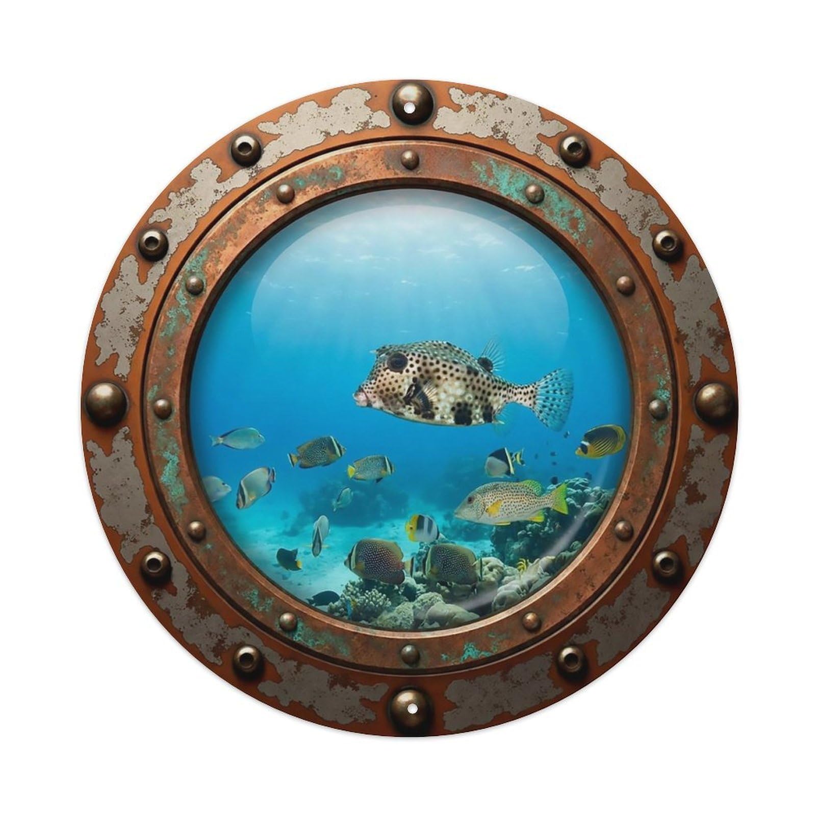 Odgynaw 8X8inch(20X20cm) Vintage Porthole Trunkfish Nautical Window View Metal Tin Sign