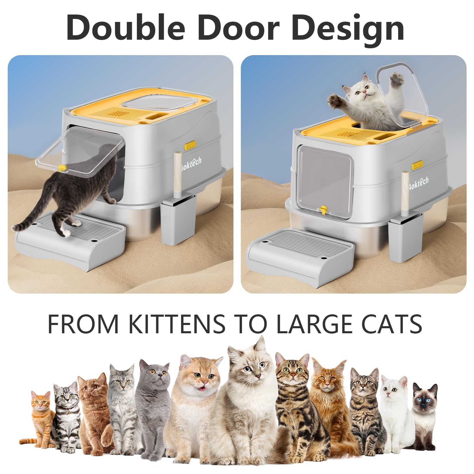 Extra Large Stainless Steel Litter Box with Lid & Scoop, Enclosed Metal Kitty Litter Box with Step, Front Entry Top Exit, Odor Control, Anti-Leakage, Non-Sticky, Easy Cleaning