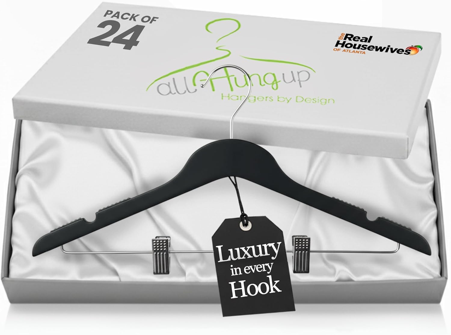 All Hung Up Plastic Hangers with Clips, Slim, Non Slip Space Saving Clothes Hangers for Closet Organization, Durable Notched Plastic Coat Hangers for Shirts, Dresses & Jackets (Black, 24pk)