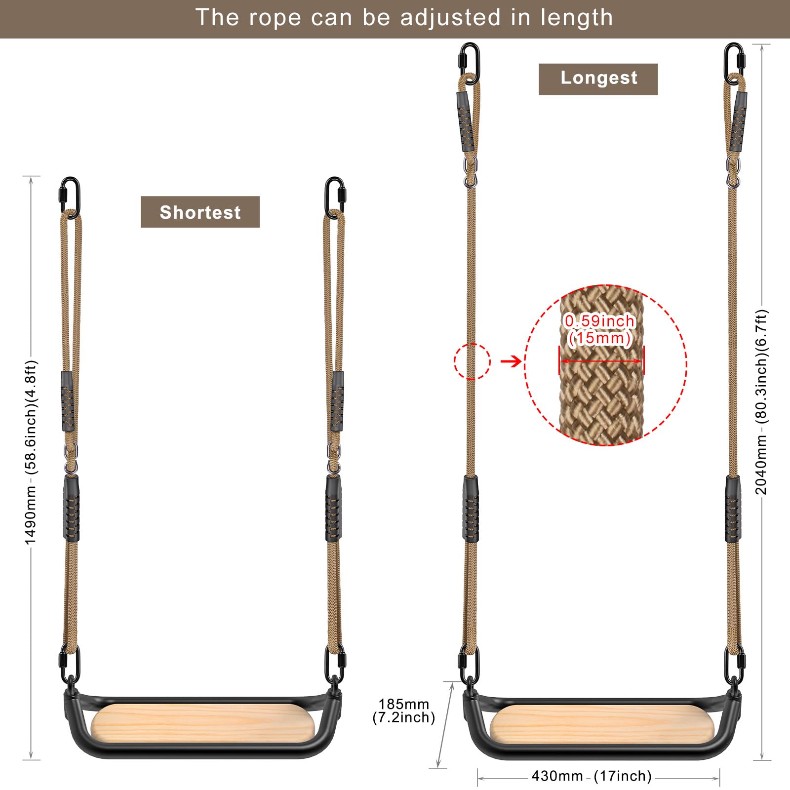 SELEWARE Siège de balançoire, balançoire d'arbre en Bois pour Enfants et Adultes, balançoire en Corde réglable pour Jardin, intérieur, extérieur, Cour, Aire de Jeux, capacité de 226,8 kg, 43,2 x 18,3
