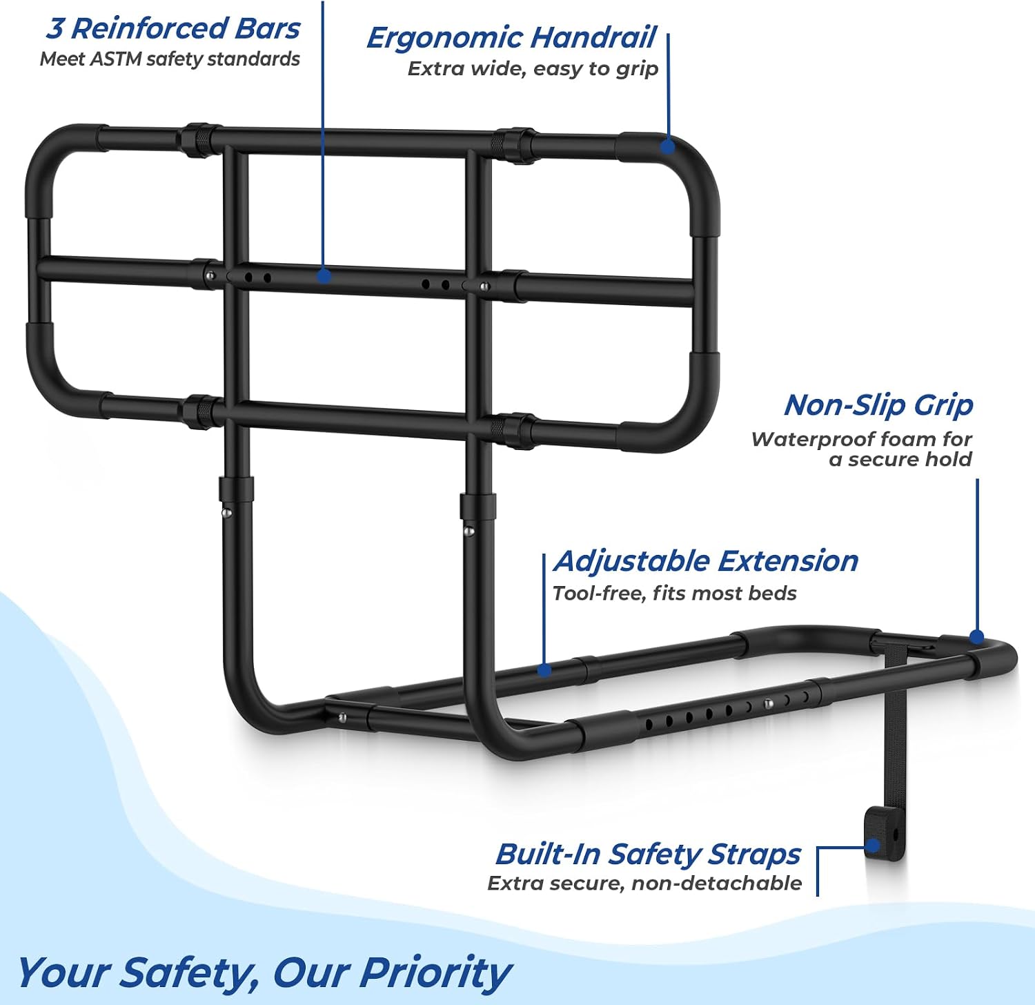 KingPavonini Bed Rails for Elderly Adults Safety ASTM-Approved, 2026 Upgrade Ultra-Wide Extendable Handle, Bed Rails for Seniors with Storage Bag, 350lb Bed Cane, Tool-Free, Model BS09
