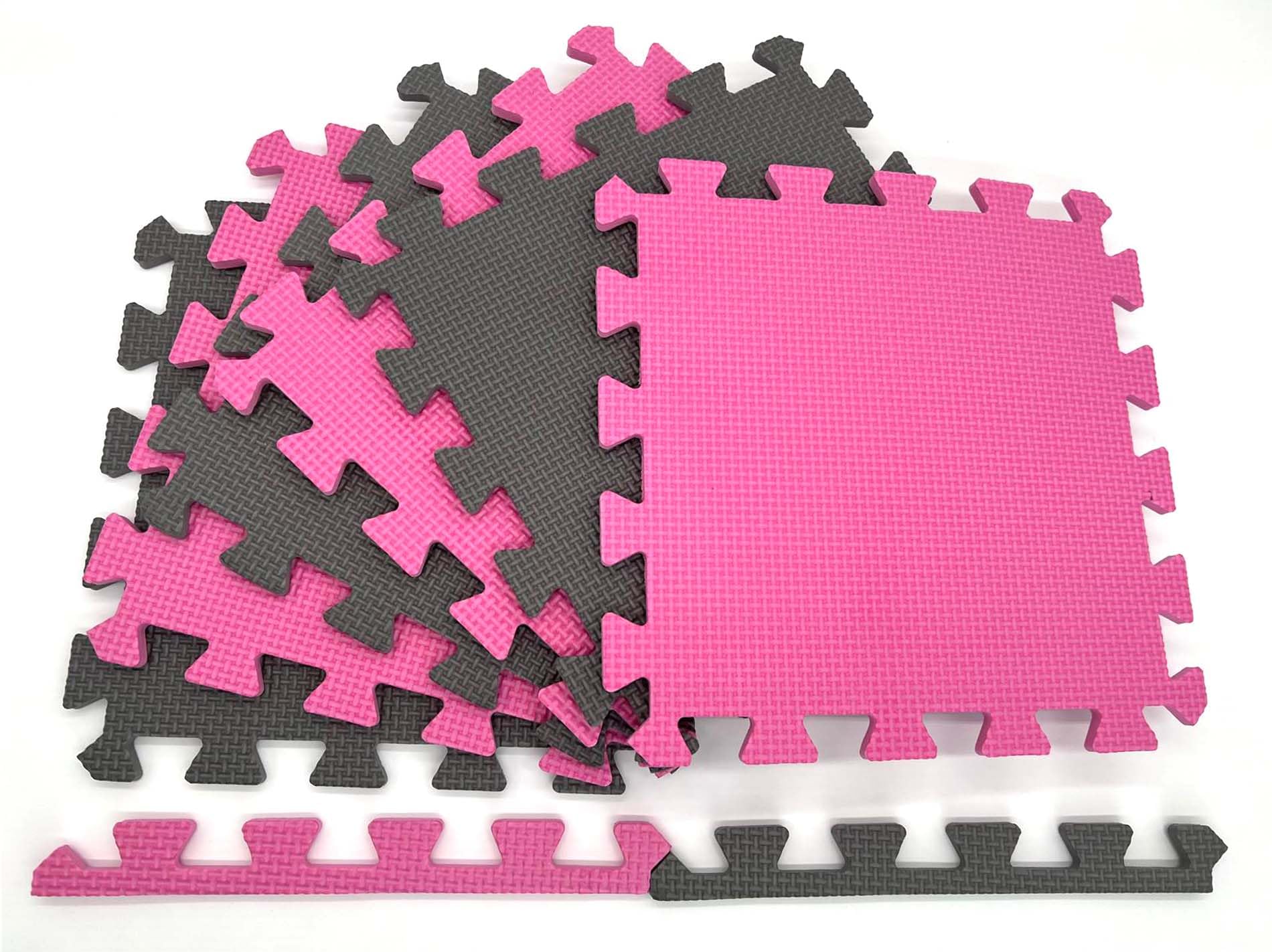 MaTvize Eva Foam Baby Play Mat – 12Pcs (29x29cm) 8mm Thick Soft Grey, Black & White Interlocking Floor Tiles, Waterproof & Safe Matting for Kids, Child’s Play (Pink+Grey, 24 Pack)