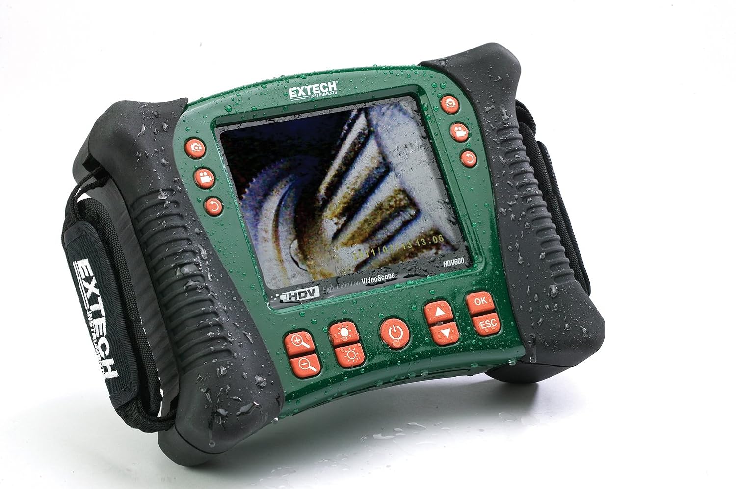 Extech HDV600 main display unit covered in water droplets, demonstrating its waterproof design.