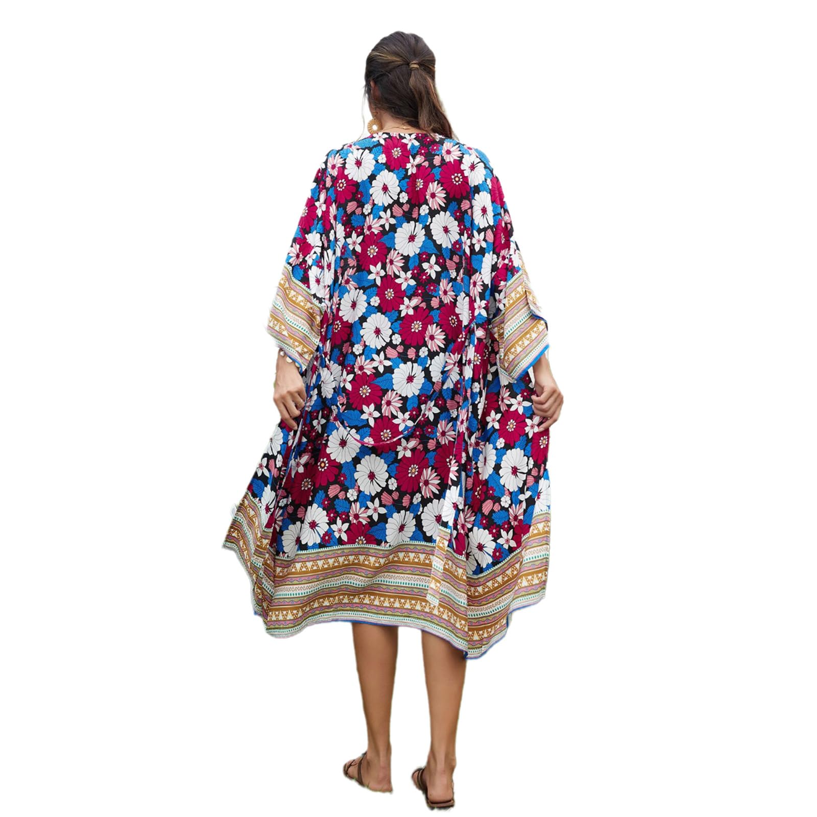 Cárdigan de playa para mujer con banda en la cintura, kimono largo de flores, frente abierto, cárdigan de playa