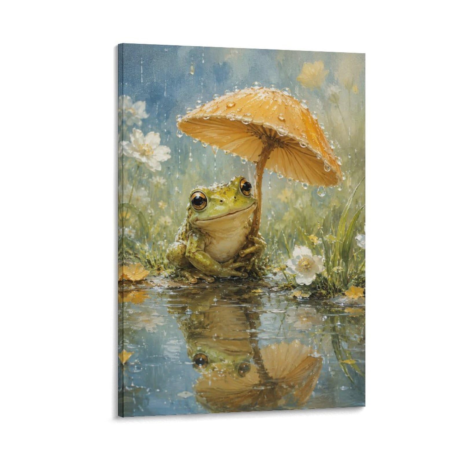W7C8U2X3 Umbrella Frog Wildflower Canvas Wall Art, Whimsical Nature