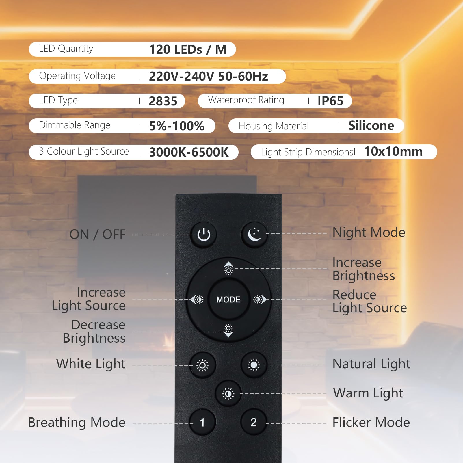 10m Neon LED Streifen 230V Dimmbar mit Fernbedienung Warmweiss 3000K-Weiß 6500K Silikon Wasserdicht IP65 Led Strip 10mm Led Lichterkette Außen Flexibler Lichtband Aussenbereich mit Netzteil