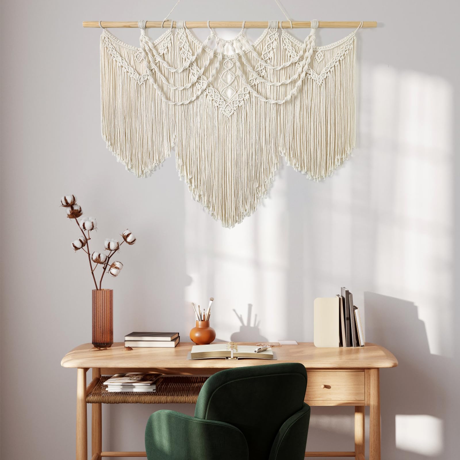 UXORSN Grande Tenture Murale Tapisseries Décoratives Macramé Mural Tissée à la Main Art Murale Beige en Corde de Coton Naturel Bohème Chic Décoration Pour Chambre à Coucher Salon Bureau Appartement