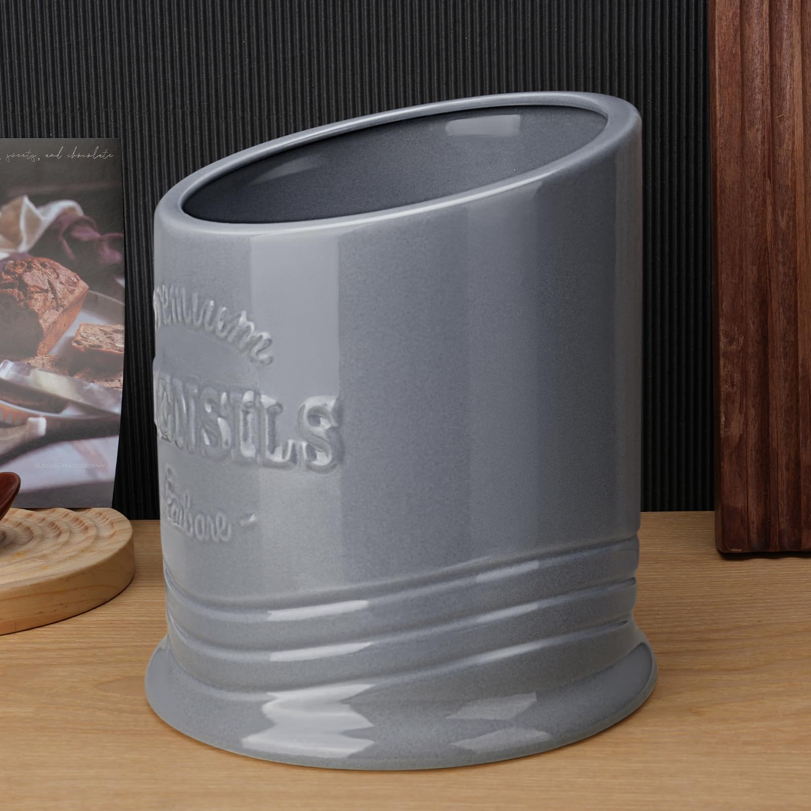 JSHKY Uchwyt na przybory, 18,3 cm ciężki wiejski ceramiczny garnek kuchenny z matą ochronną, duży średnica 15 cm, szary, błyszczące wykończenie