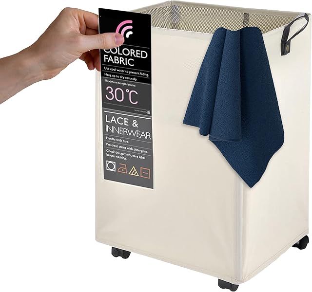 KNIGHT Light Weight Laundry Basket, 60L Collapsible Laundry Bag on Wheels, Mesh Cover & PU Leather Handles | Folding Portable Washing | Storage Bin Durable Fabric | Laundry basket | Washing (Ivory)