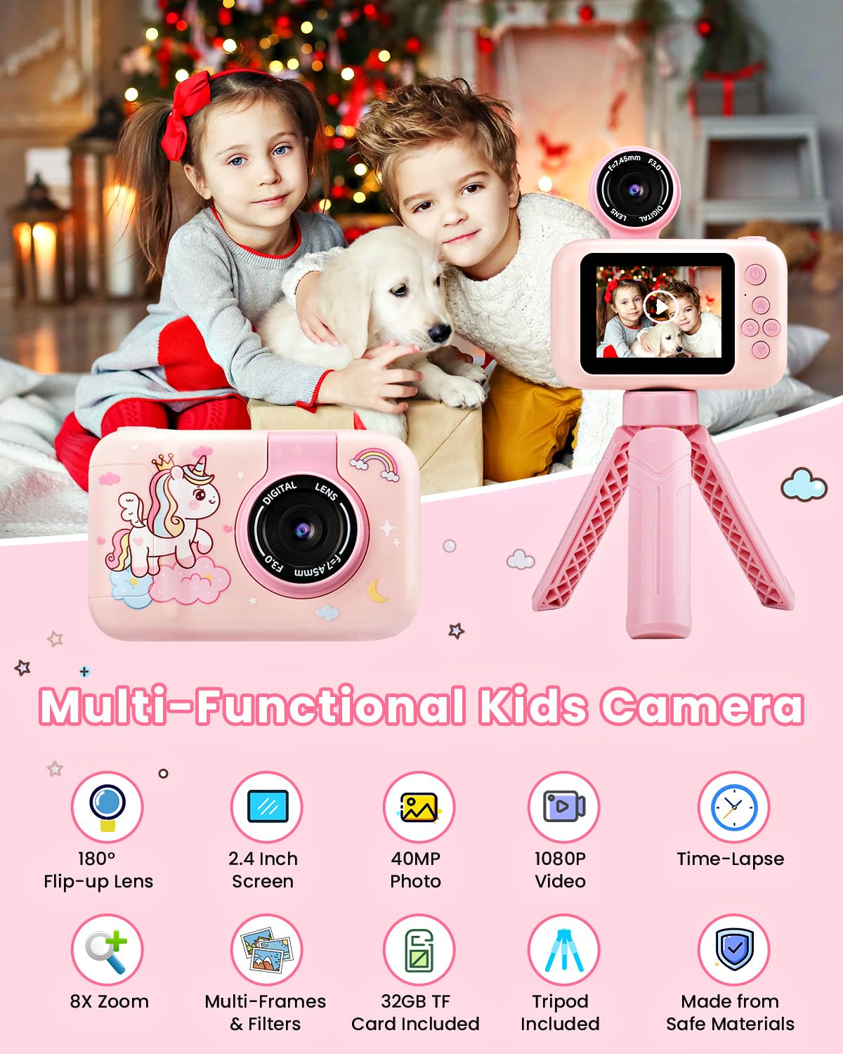 Fotocamera per Bambini con Treppiede, Macchina Fotografica Digitale Unicorno per Ragazze e Ragazzi 3-10 Anni, 1080P, Display IPS 2.4", Obiettivo Rotante 180°, Scheda 32GB, Regalo Natale o Compleanno