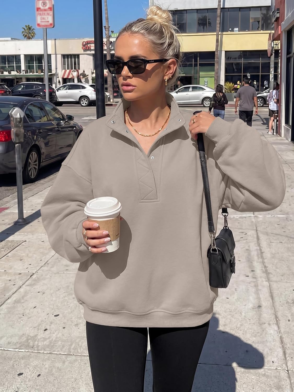 Trendy Queen Womens Oversized Sweatshirts with Snap Button Henley Collar | Soft Fleece Pullover Tops Fall Winter Clothes 2026 Cute Fashion Outfits