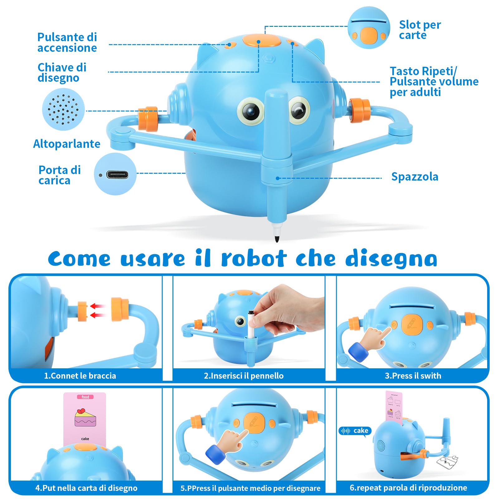 Charmofun Robot che Disegna per Bambini, Robot Disegno Bambini con 100 Cartoline, Robottino Giocattolo per Apprendimento Precoce, Robots Interattivo Vocale per Bambino Bambina dai 3 Anni in su (Blu)