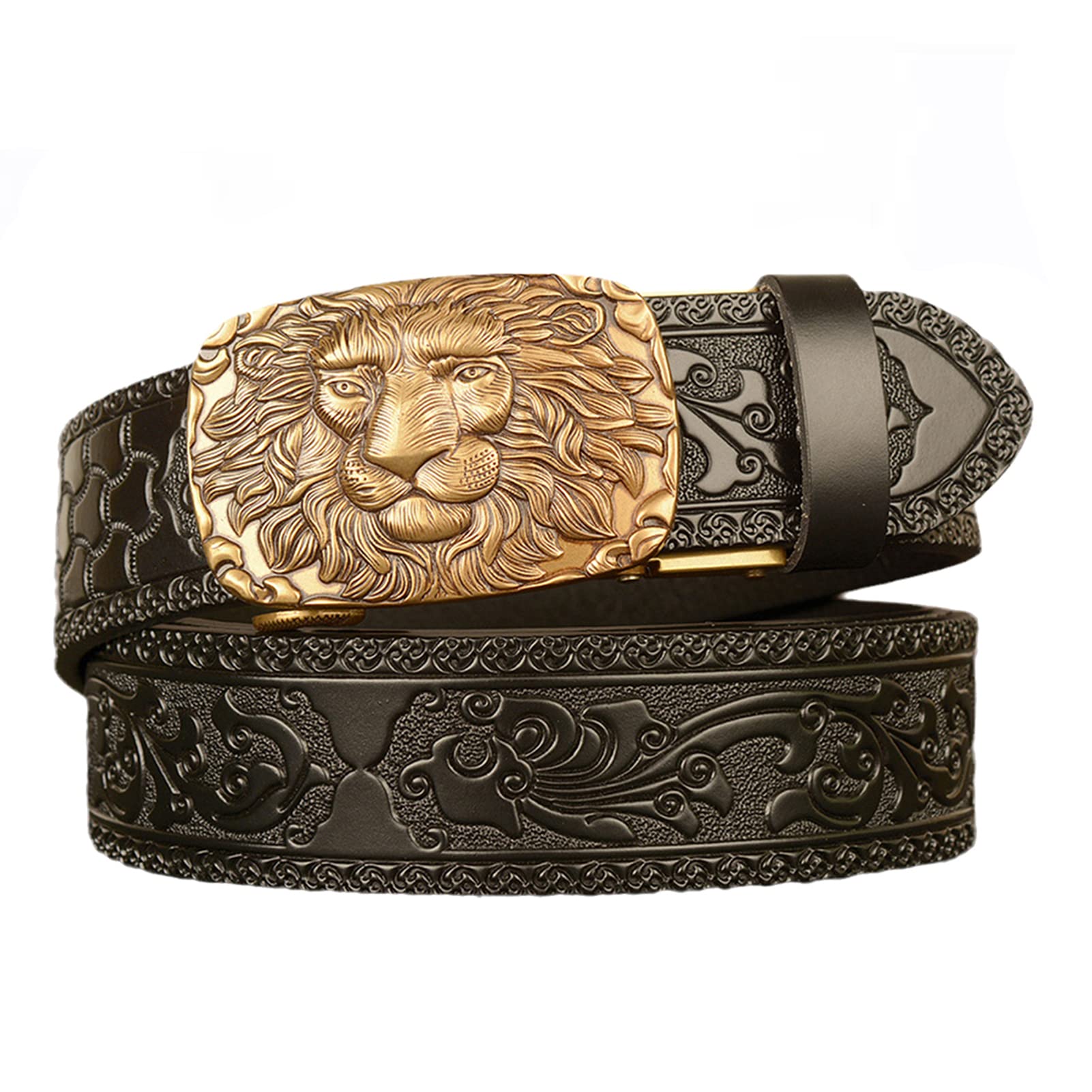 Pywjgzsx Men's Lion~C Belt, Belt, Ratchet Dress Belt With Animal Head Decoration Stereo Automatic Click Buckle, Black Embossed Belt/Lion~C/130Cm/Waist:44"~46"