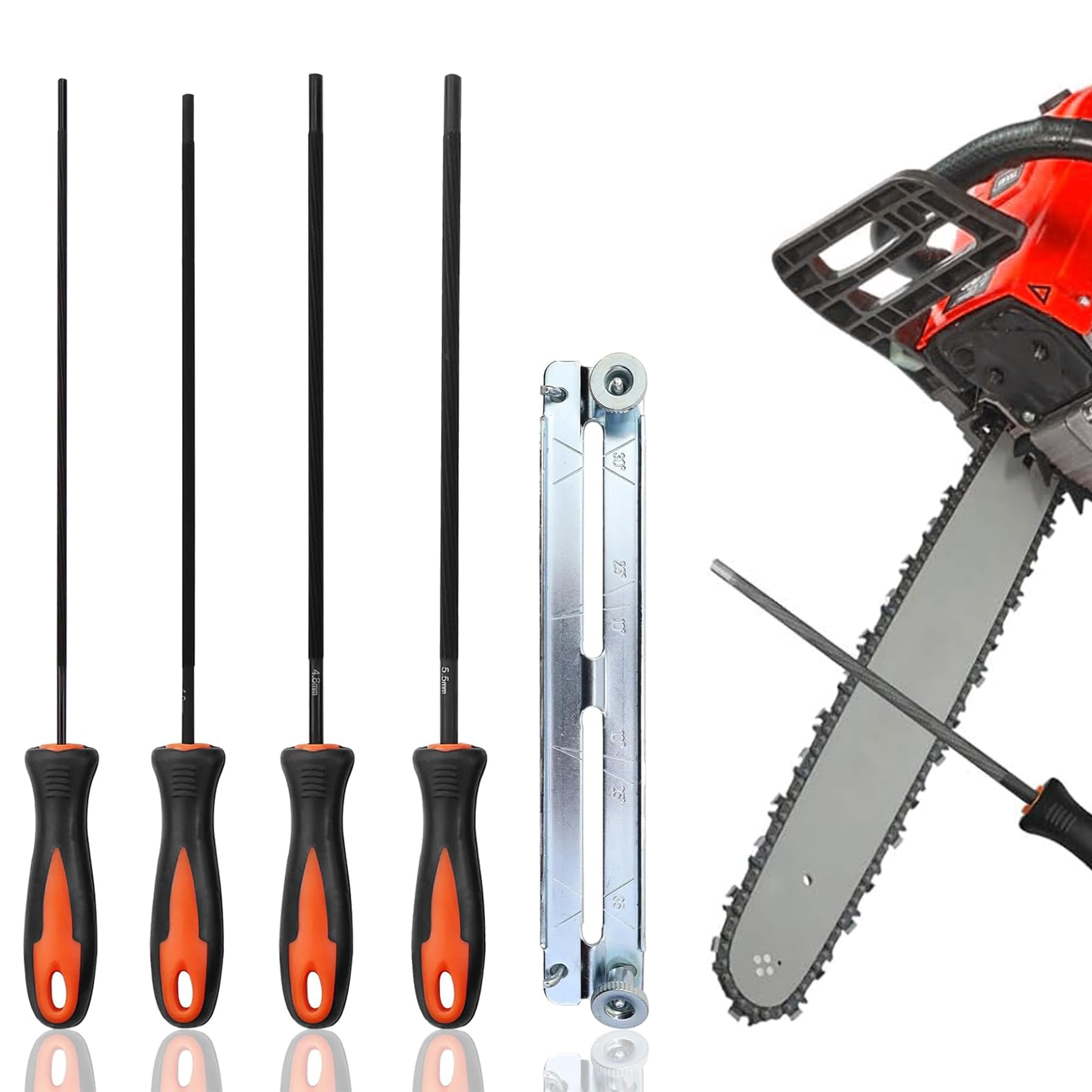 Set di Limature motoseghe, Set di Limature Rotonde a 4 Pezzi 3,2/4,0/4,8/5,5 mm con Manico e Guida, Lima Rotonda da 4mm per motoseghe, Lime Professionali in Metallo per Fai-da-Te