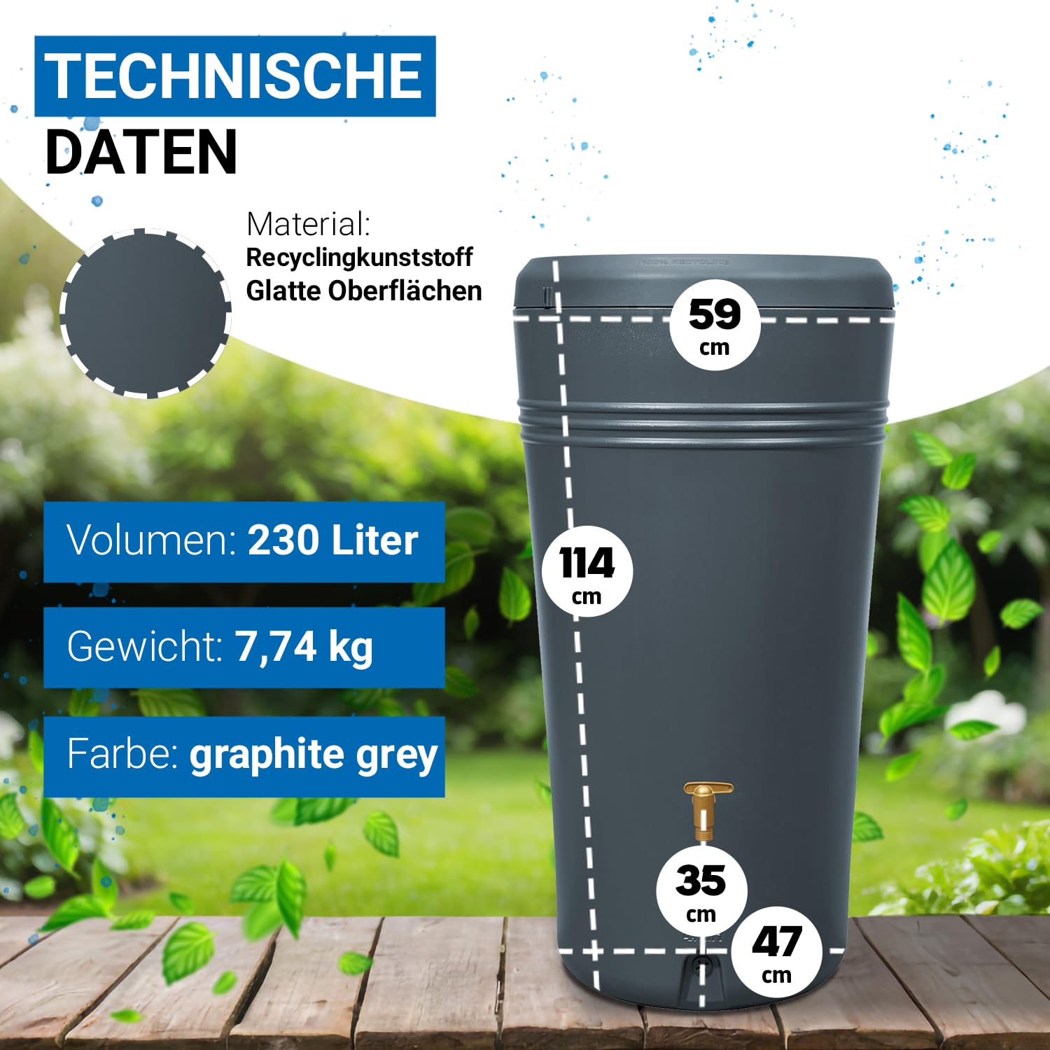 4rain Azura Regentonne Set 230 Liter Graphitgrau Wandtank Wassertank | mit Kunststoff-Hahn + Fallrohranschluss Regenfass Regenwassertonne Wassertonne für Garten Wasserfass Grau