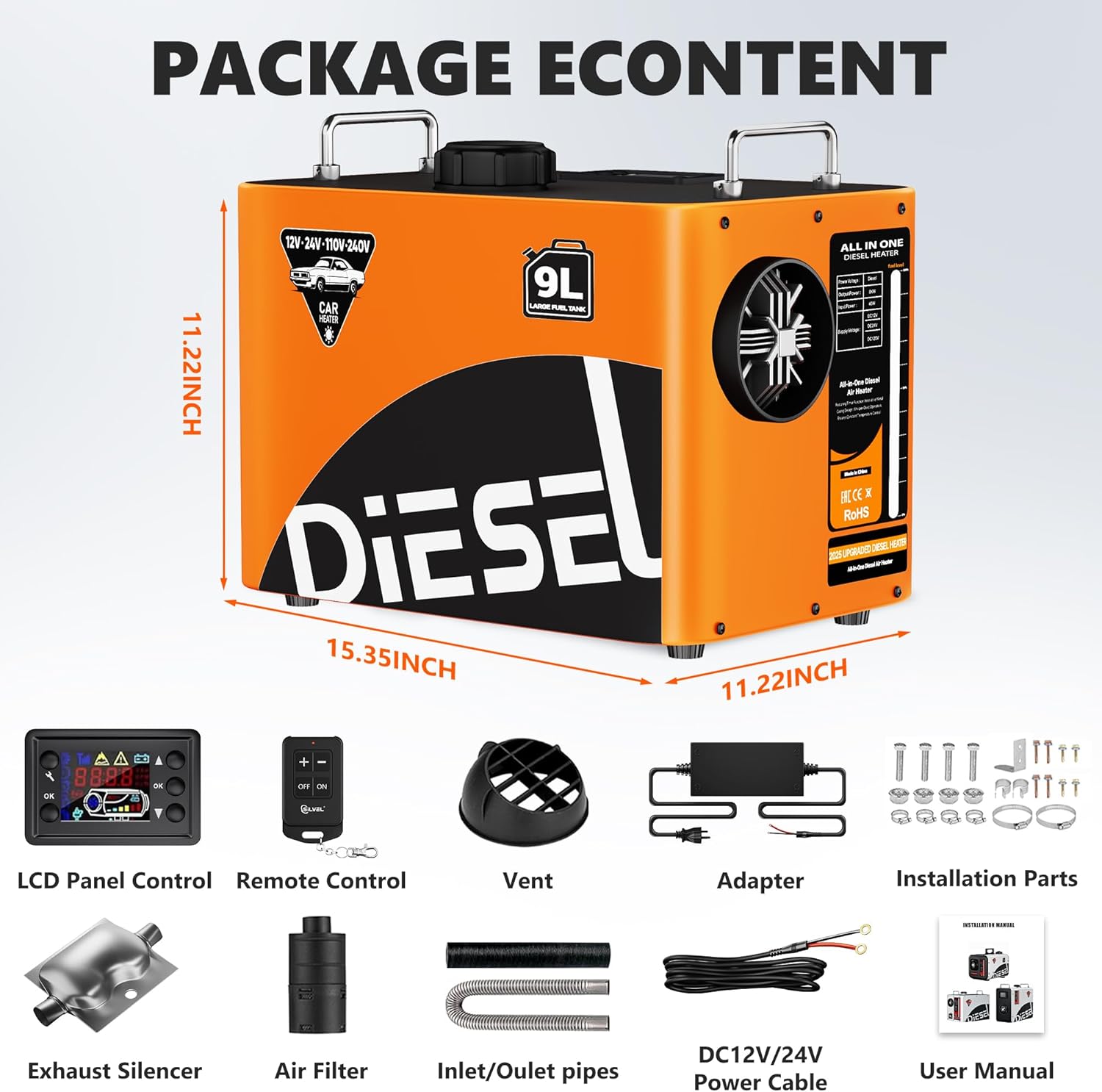SILVEL Diesel Heater 8KW 110V/12V/24V, All-in-One 9L-10L Portable Diesel Air Heater with LCD Screen, Remote Control, Suitable for Car, Camper, RV, Truck, Home, Garage, Shop, Boat, Orange