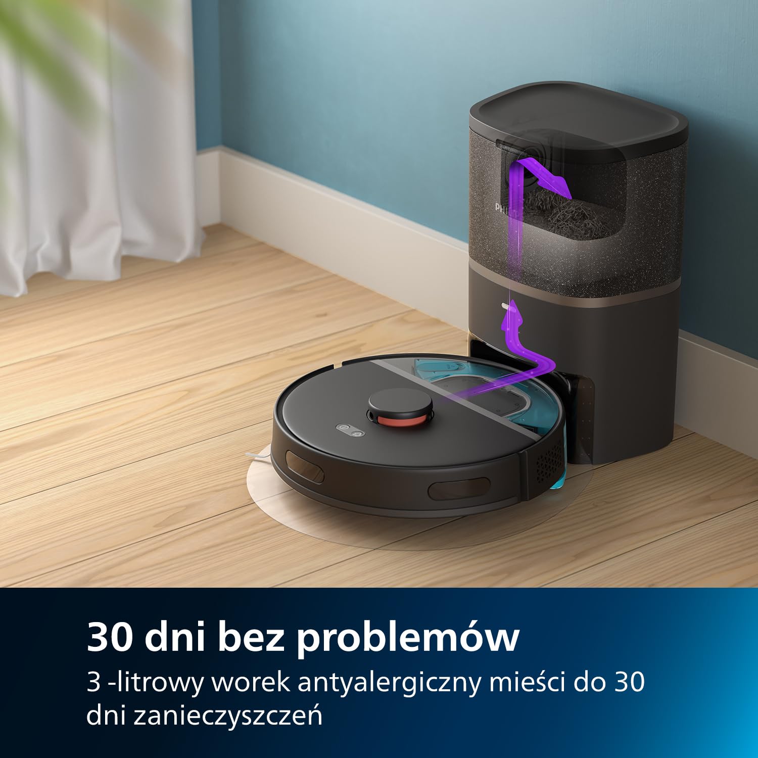 Philips HomeRun Robot mopująco-odkurzający z serii Aqua 3000, duża moc ssania 4000 Pa, nawigacja laserowa,czas pracy 200 min,czyści dywany i usuwa sierść zwierząt, sterowanie przez aplikację,XU3100/01