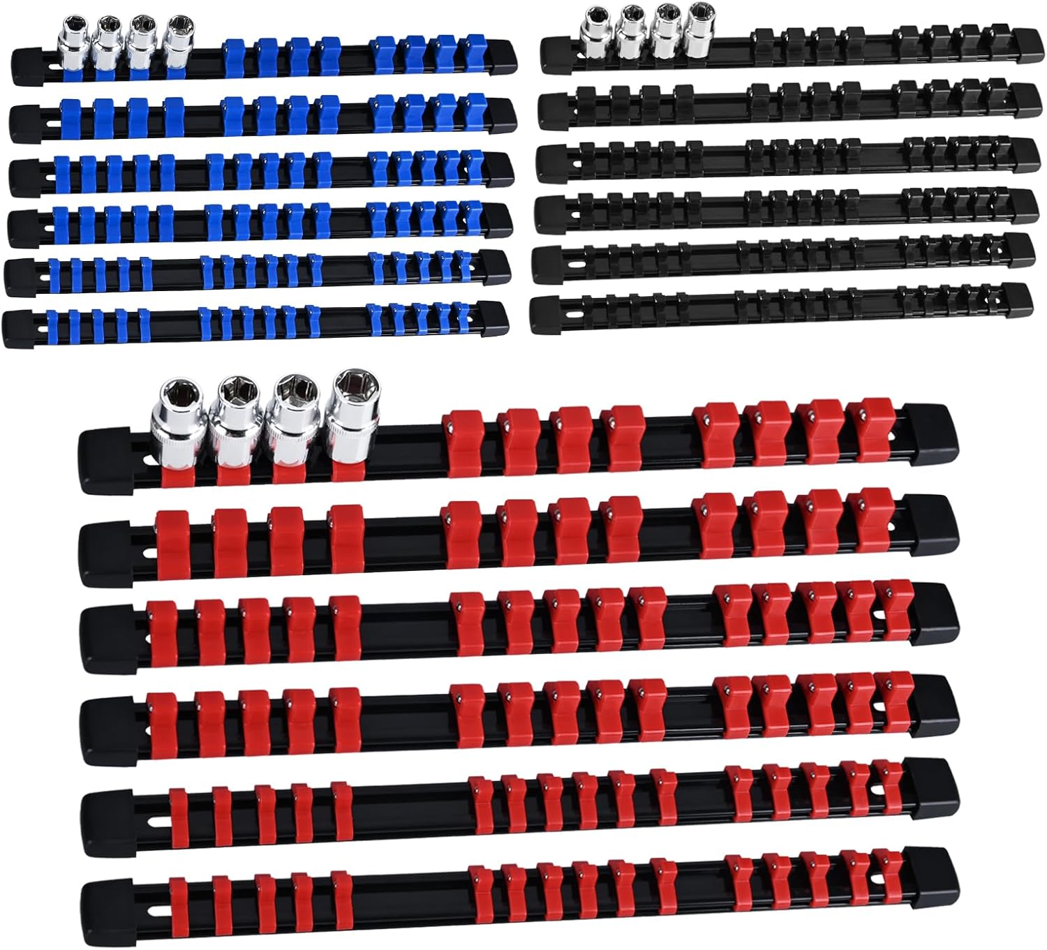 Socket Organizer Set 18PCS ABS Socket Holder Kit, 1/4-Inch x 96 Clips, 3/8-Inch x 90 Clips, 1/2-Inch x 72 Clips Socket Set Organizer, Drive Socket Tray, Socket Holders Clip Socket Rail Mixed 18PC 1/4x6,3/8x6,1/2x6