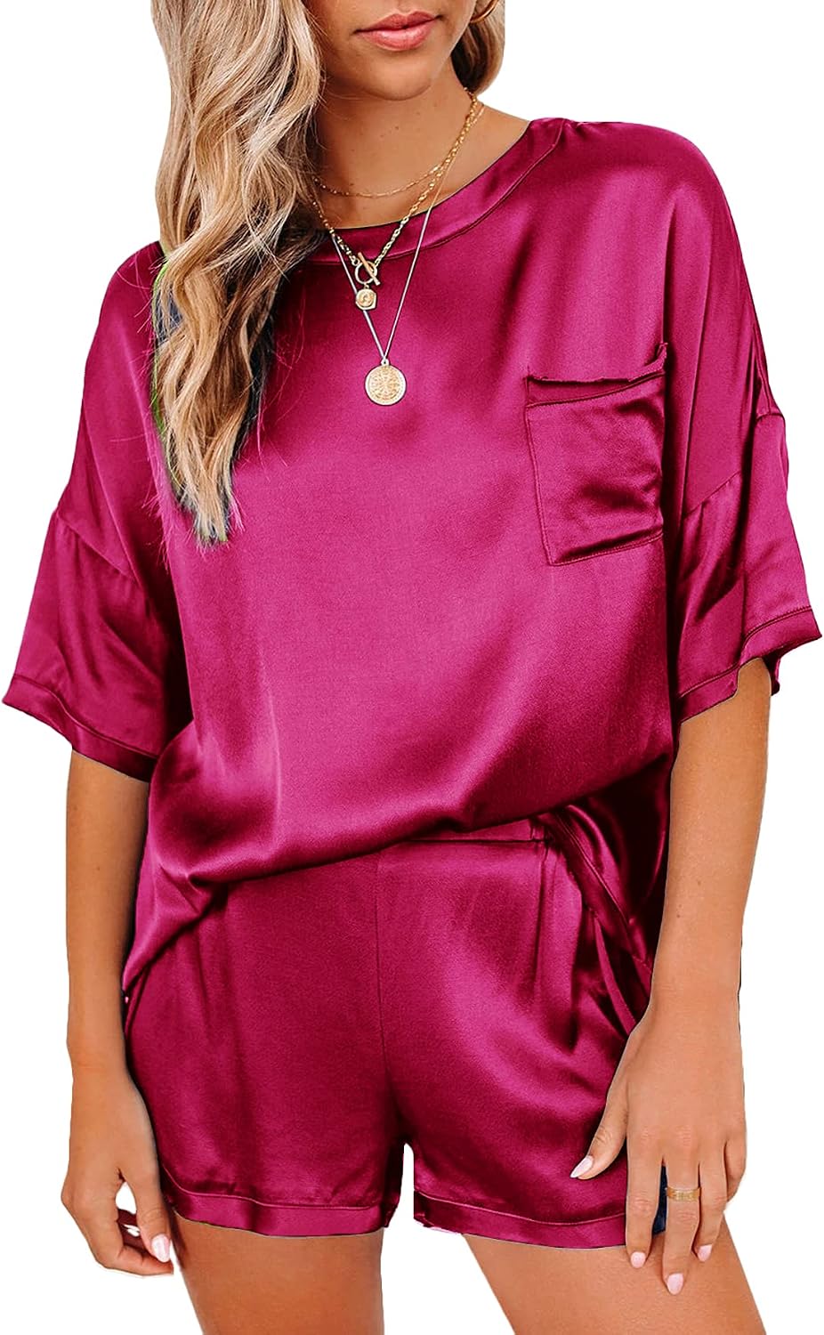 LYANER Women's Satin Silky Pajama Set Short Sleeve T-shirt With Shorts Set PJ Loungewear Burgundy Small
