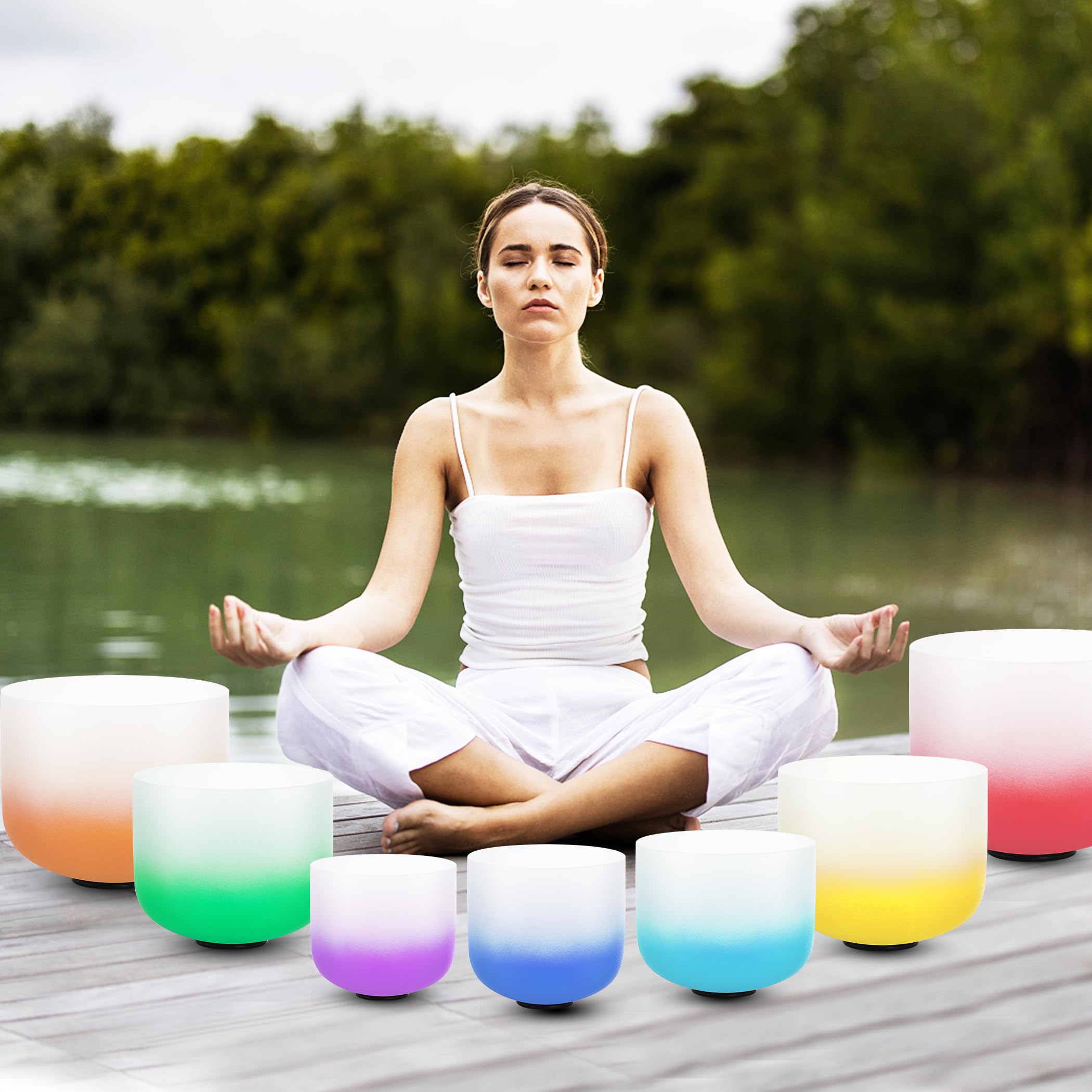 CALM CLANG 432hz Crystal Singing Bowl Healing 6-12inch Set of 7 Aria Gradient for Meditation Yoga Heart Chakra Singing Bowls Heavy Duty Carrying Case Rubber Mallet Suede Striker