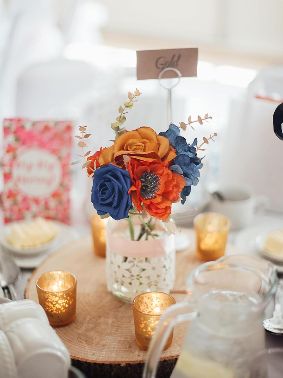 Rinlong 6Pcs Assorted Flower Centerpieces for Wedding Fall Terracotta Tables Centerpiece Burnt Orange Navy Blue Bridesmaid Bouquets