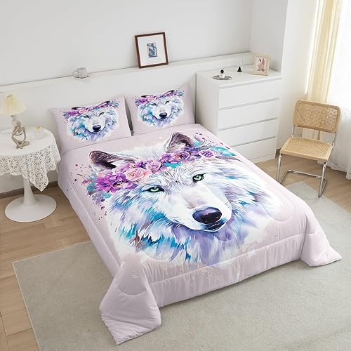 Miniatura 4 de Juego de ropa de cama de lobo con diseño de animales de safari con ojos verdes, juego de edredón de teñido anudado para niñas, edredón de plumas de