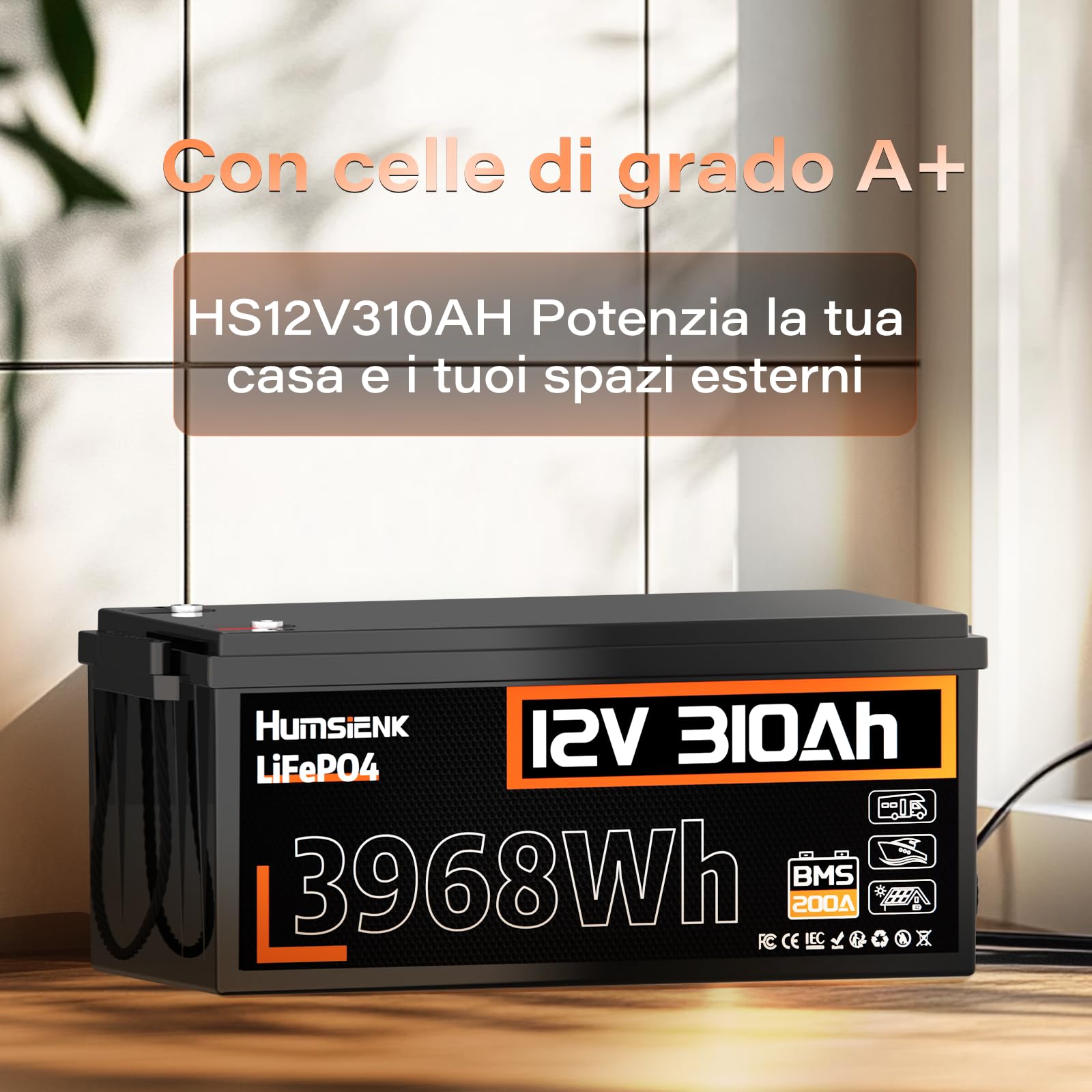 Humsienk Batteria Litio 12V 310Ah LiFePO4 con BMS 200A e Protezione Bassa Temperatur, 15.000 Cicli Profondi, 3968W energia Per Accumulo Solare, Alimentazione di Emergenza, Camper,Off-Grid