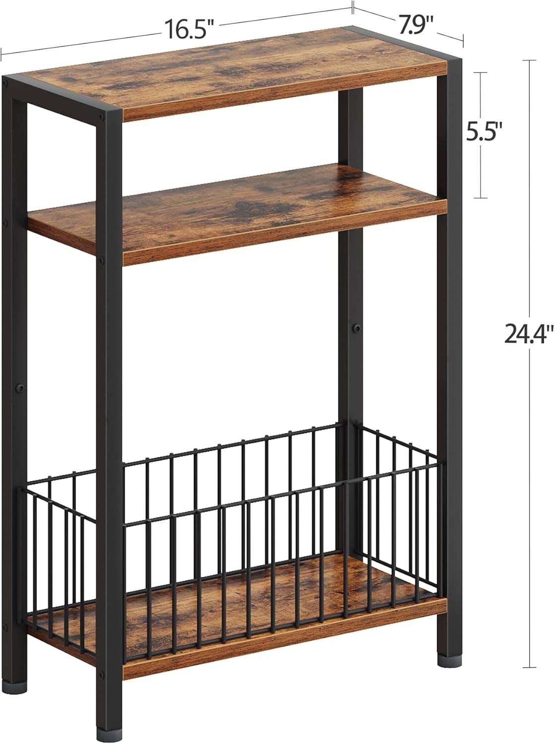 TRIFEBLE Narrow Side Table with Storage Basket, Small End Table for Small Spaces, Slim Sofa Table for Living Room, 3 Tier Bedside Table for Bedroom, Rustic Brown
